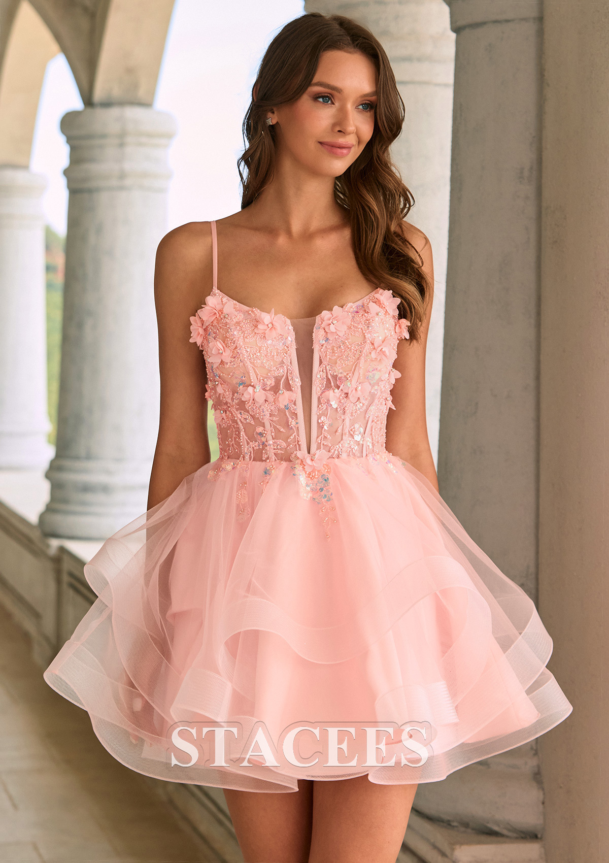 Rose Rougissant Trapèze scoop tulle courte/mini robe de fête de la rentré avec perles fleurs volants - STACEES