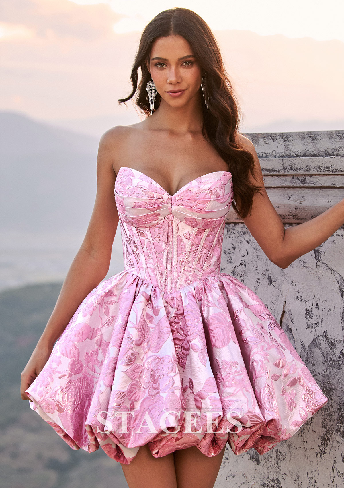 Candy Pink Floral A-line Strapless Corset Floral Brocade Ball Gown Mini Homecoming Dress - STACEES