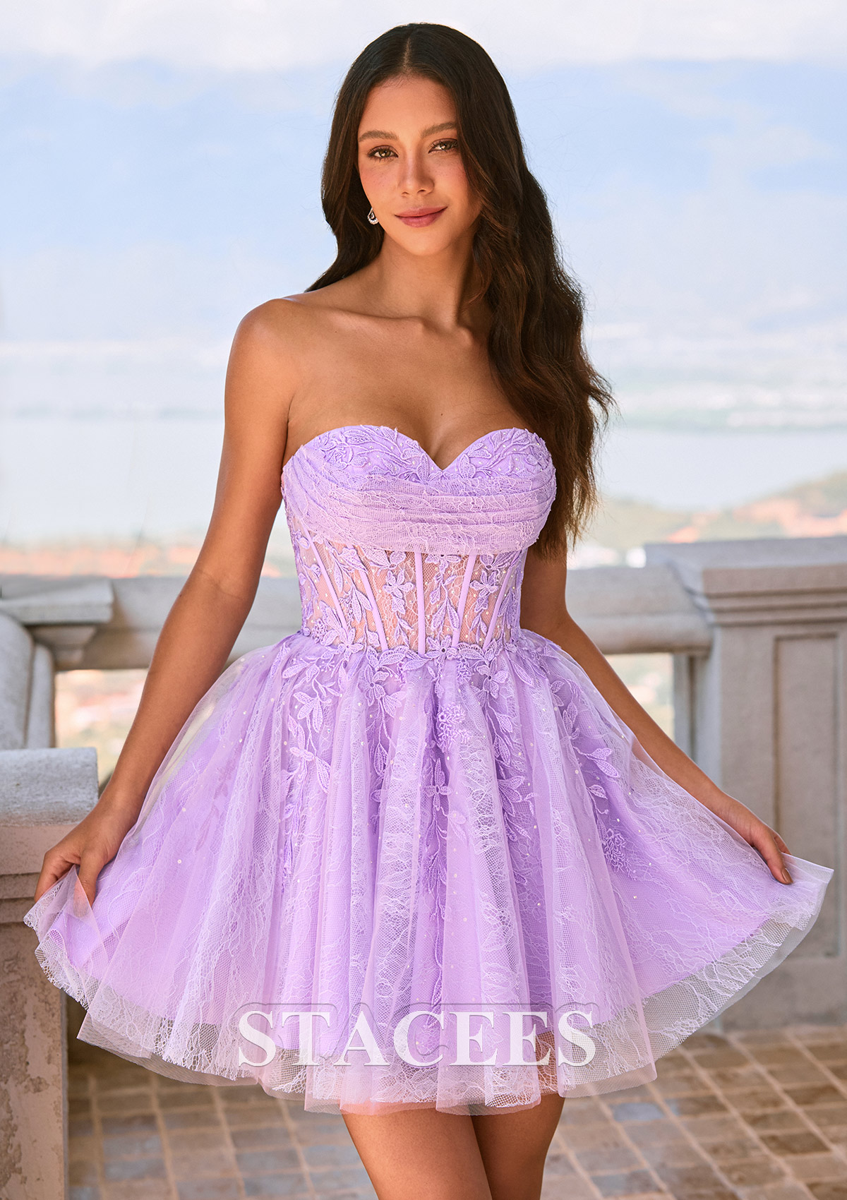 Lilac A-Lin Lace Short Homecoming Dress with Ruched Strapless Sweetheart Corset Bodice - STACEES
