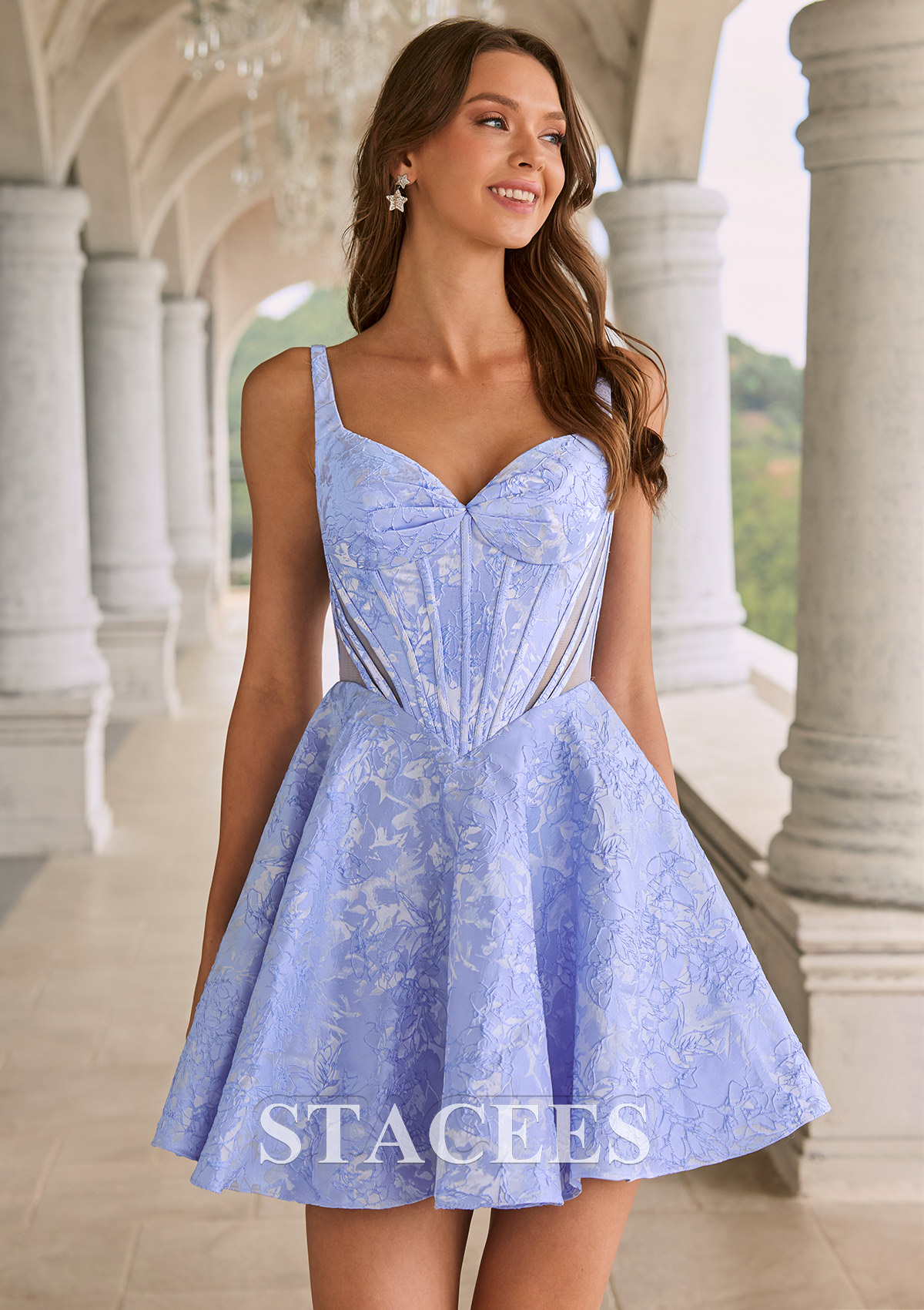 Lavande Trapèze col en v jacquard courte/mini robe de fête de la rentré avec plissé - STACEES