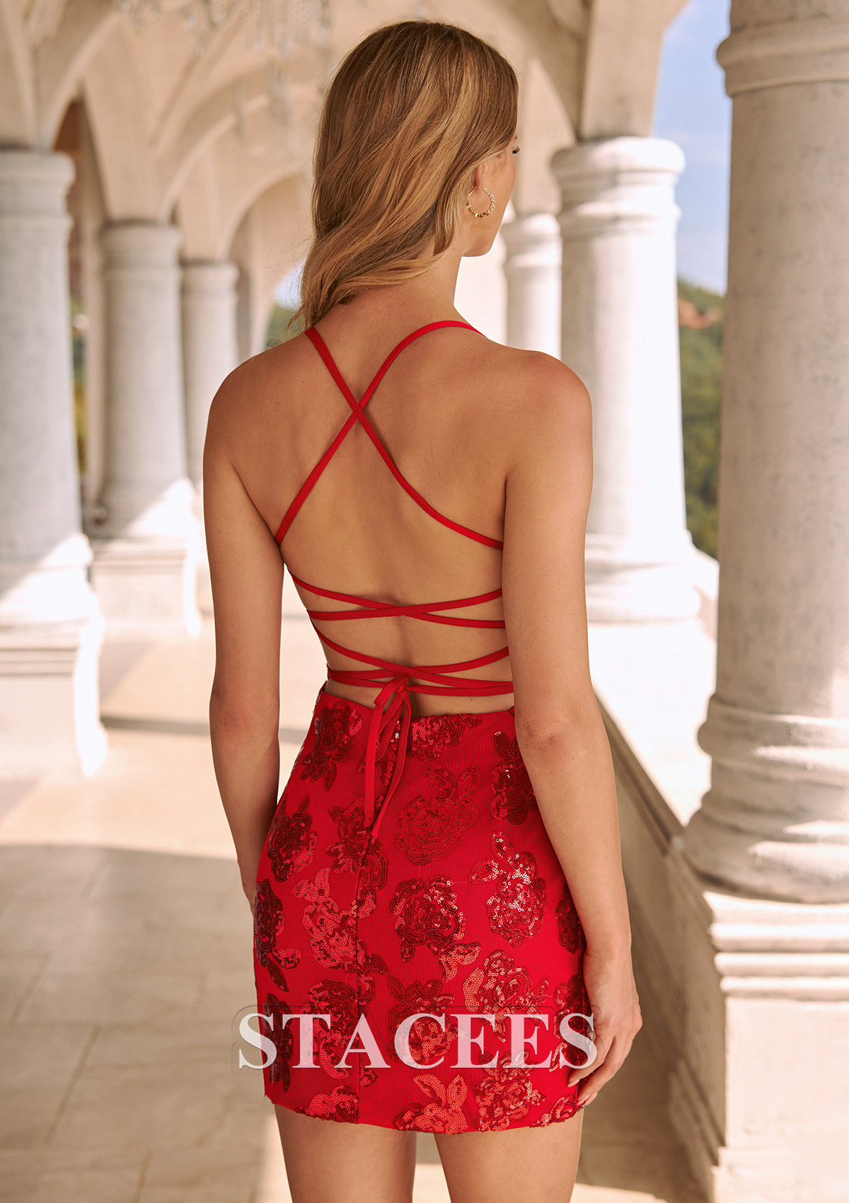 Red Sheath Floral Sequin Bodycon Mini Homecoming Dress with Crisscross Straps Back - STACEES
