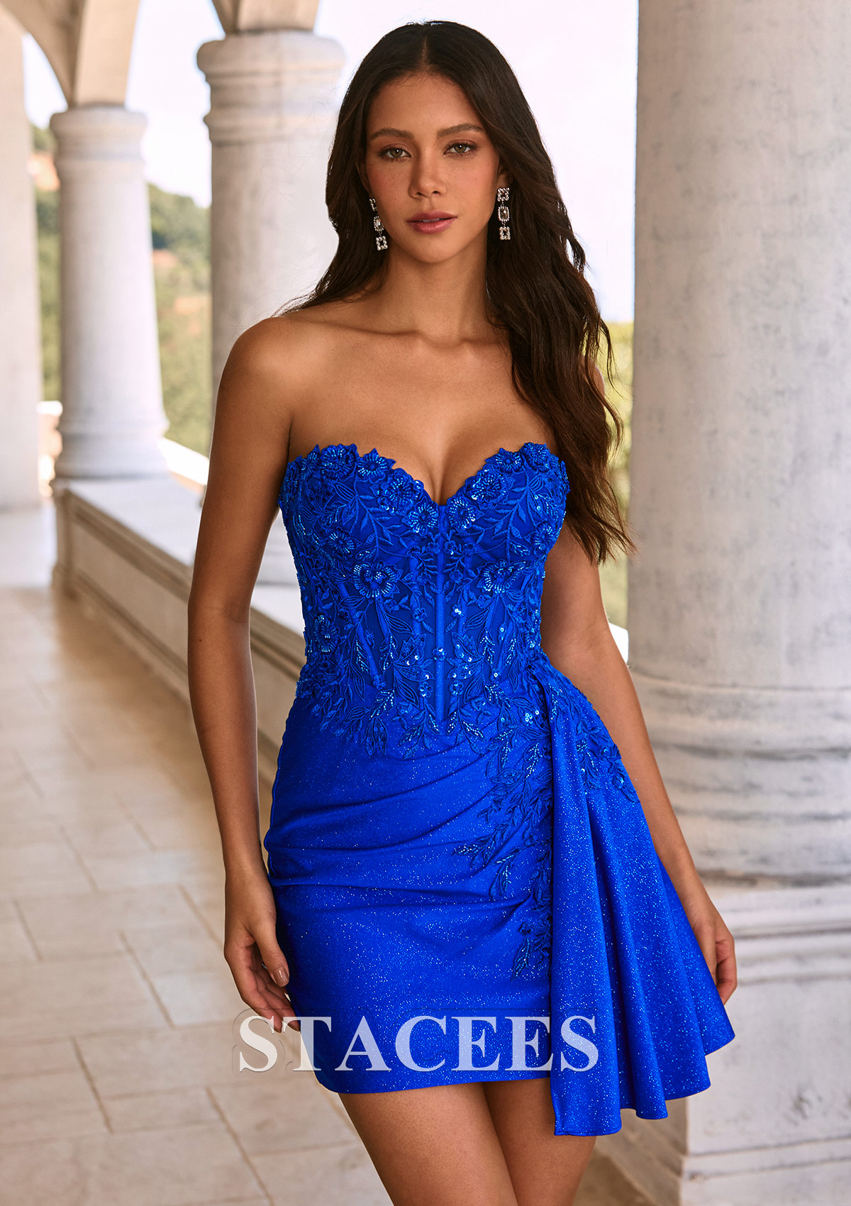 Bleu Royal Fourreau col cœur jersey courte/mini robe de fête de la rentré avec drapé latéral paillettes - STACEES