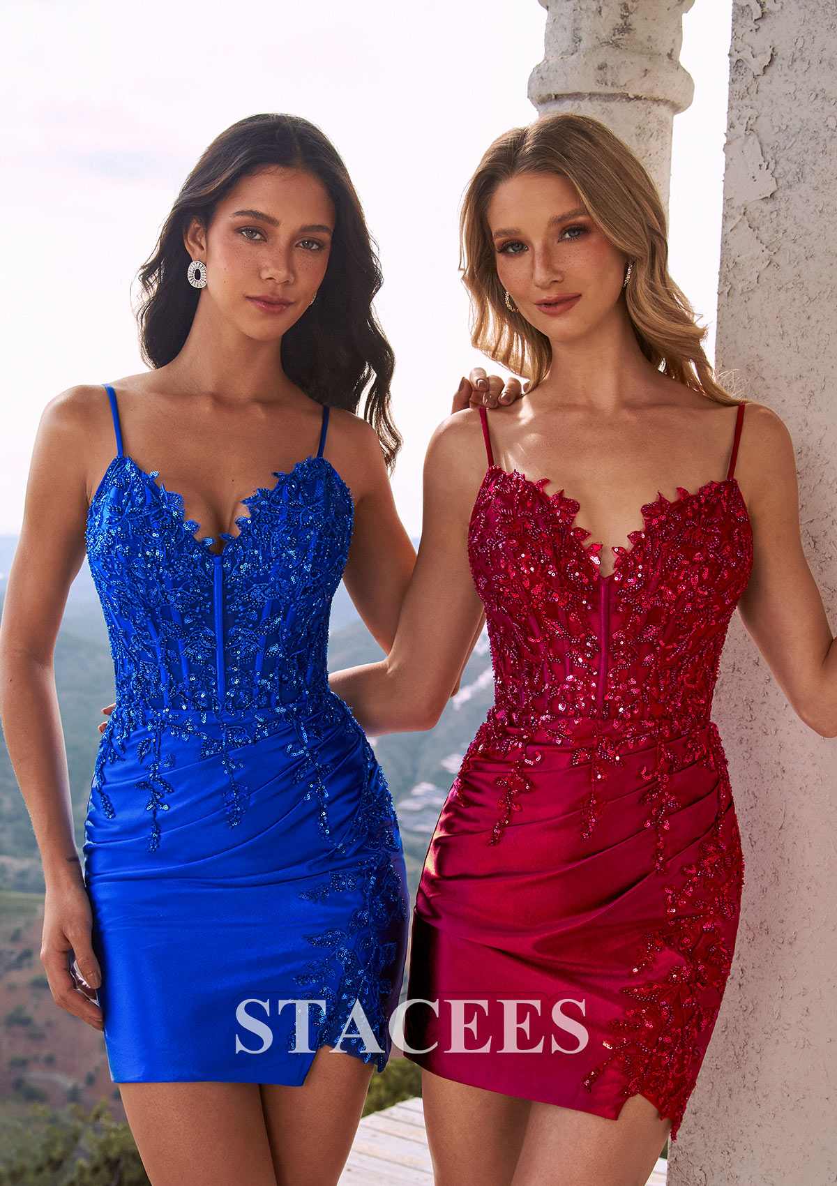 Royal Blue Sheath Silk like Satin Sparkly Bodycon Mini Homecoming Dress with Lace Appliques Corset - STACEES