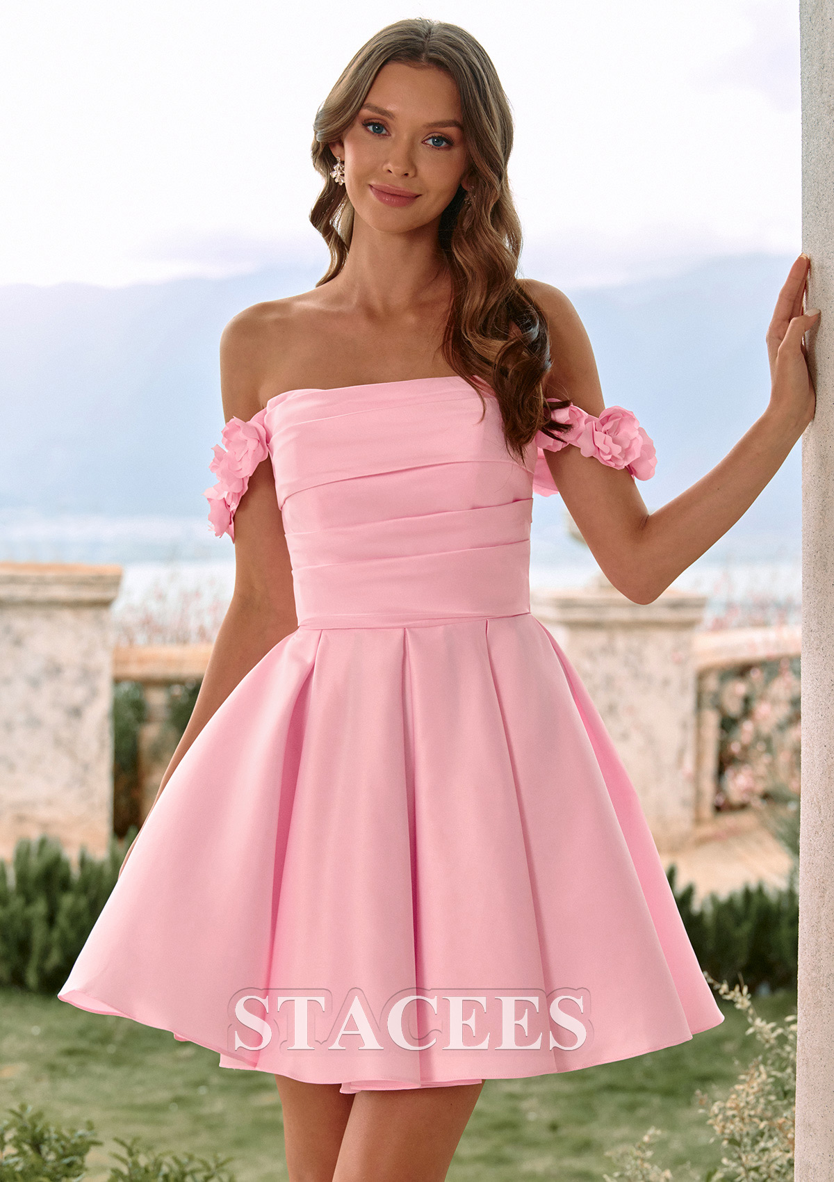 Candy Pink A-Line Satin Mini Homecoming Dress with 3D Flowers Off-Shoulder Straps Pockets - STACEES