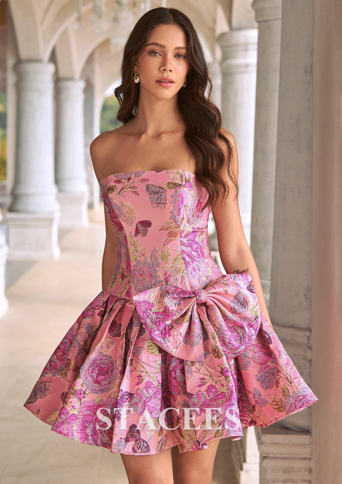 Floral rose bonbon Trapèze encolure carré brocart courte/mini robe de fête de la rentré avec noeud papillon plissé - STACEES