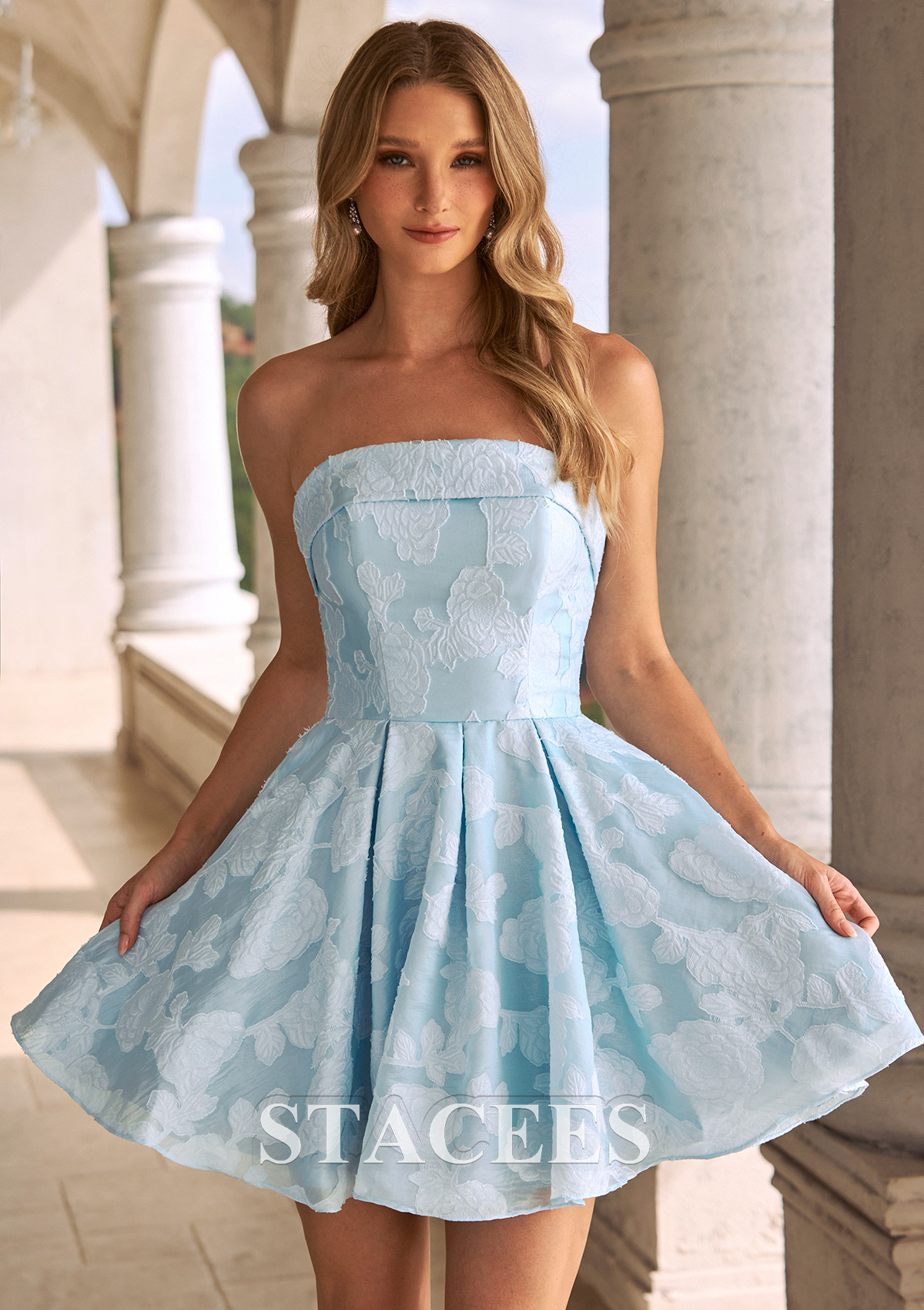 Light Blue A-line Strapless Jacquard Mini Homecoming Dress with Pockets - STACEES
