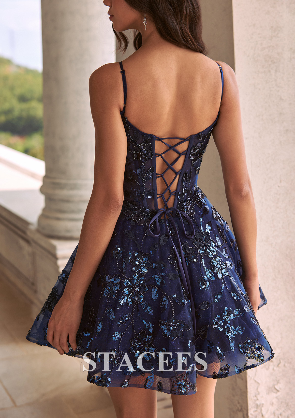 Dark Navy A-line Floral Sequins Homecoming Dress with Spaghetti Straps - STACEES