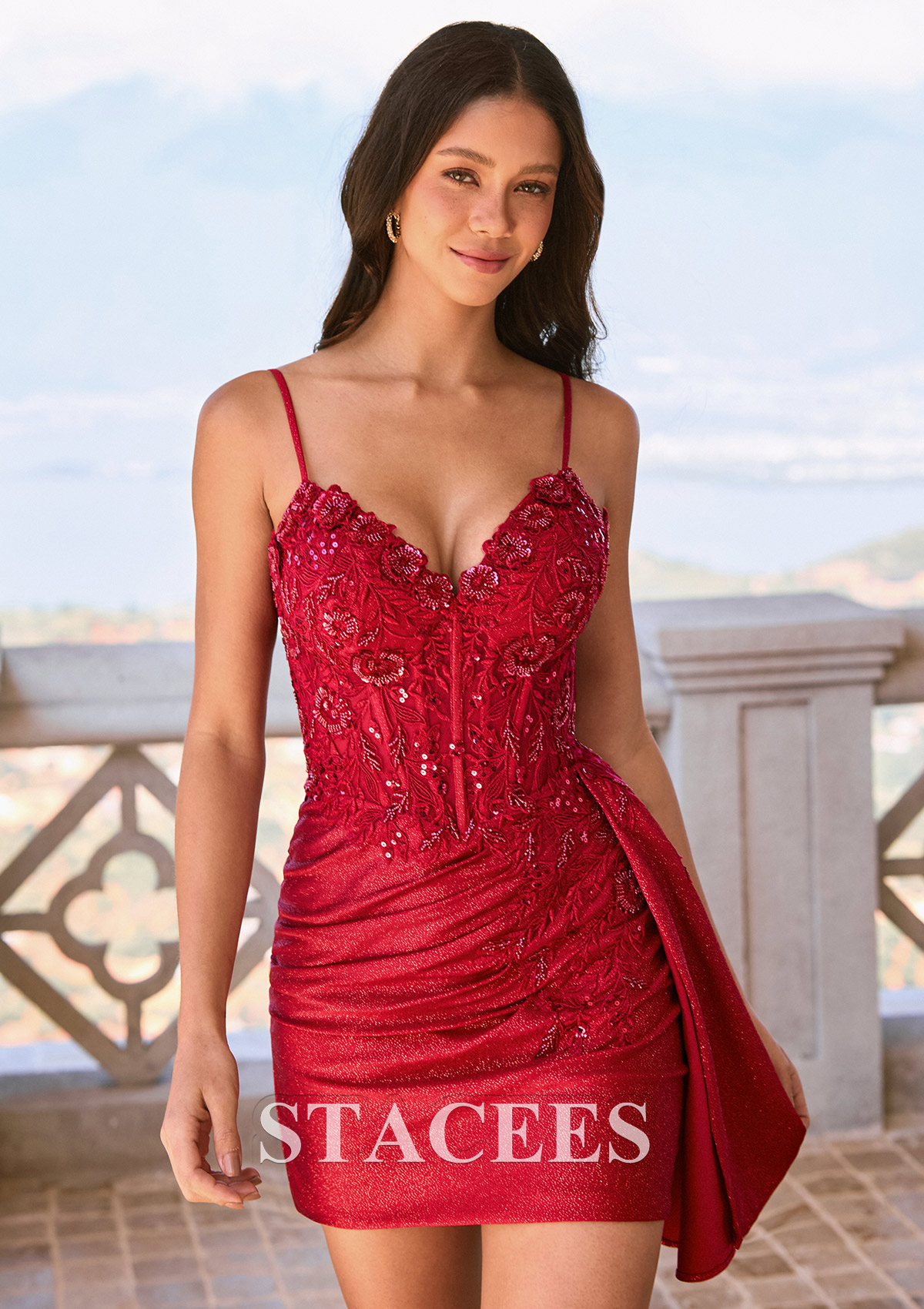 Burgundy Fitted V Neck Glitter Mini Homecoming Dress with Floral Beaded Applique Corset Side Drape - STACEES
