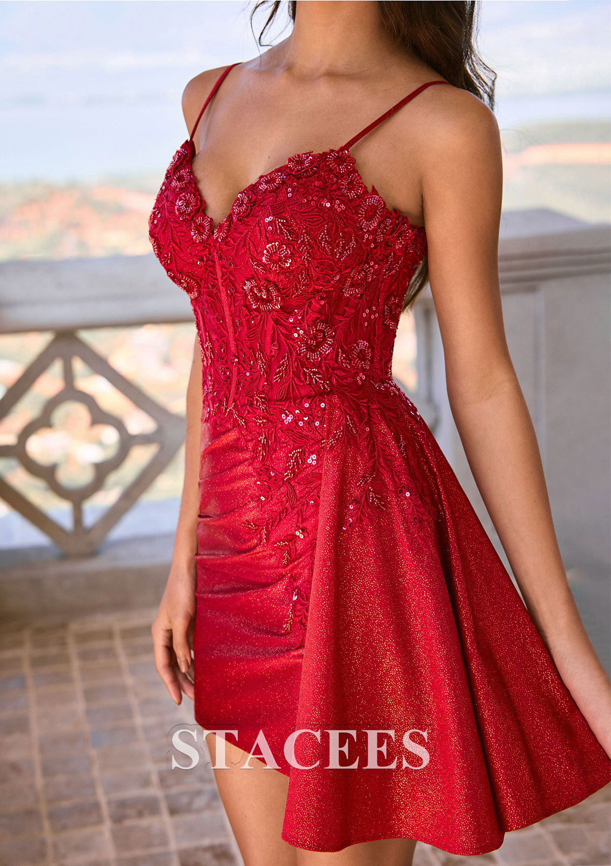 Burgundy Fitted V Neck Glitter Mini Homecoming Dress with Floral Beaded Applique Corset Side Drape - STACEES