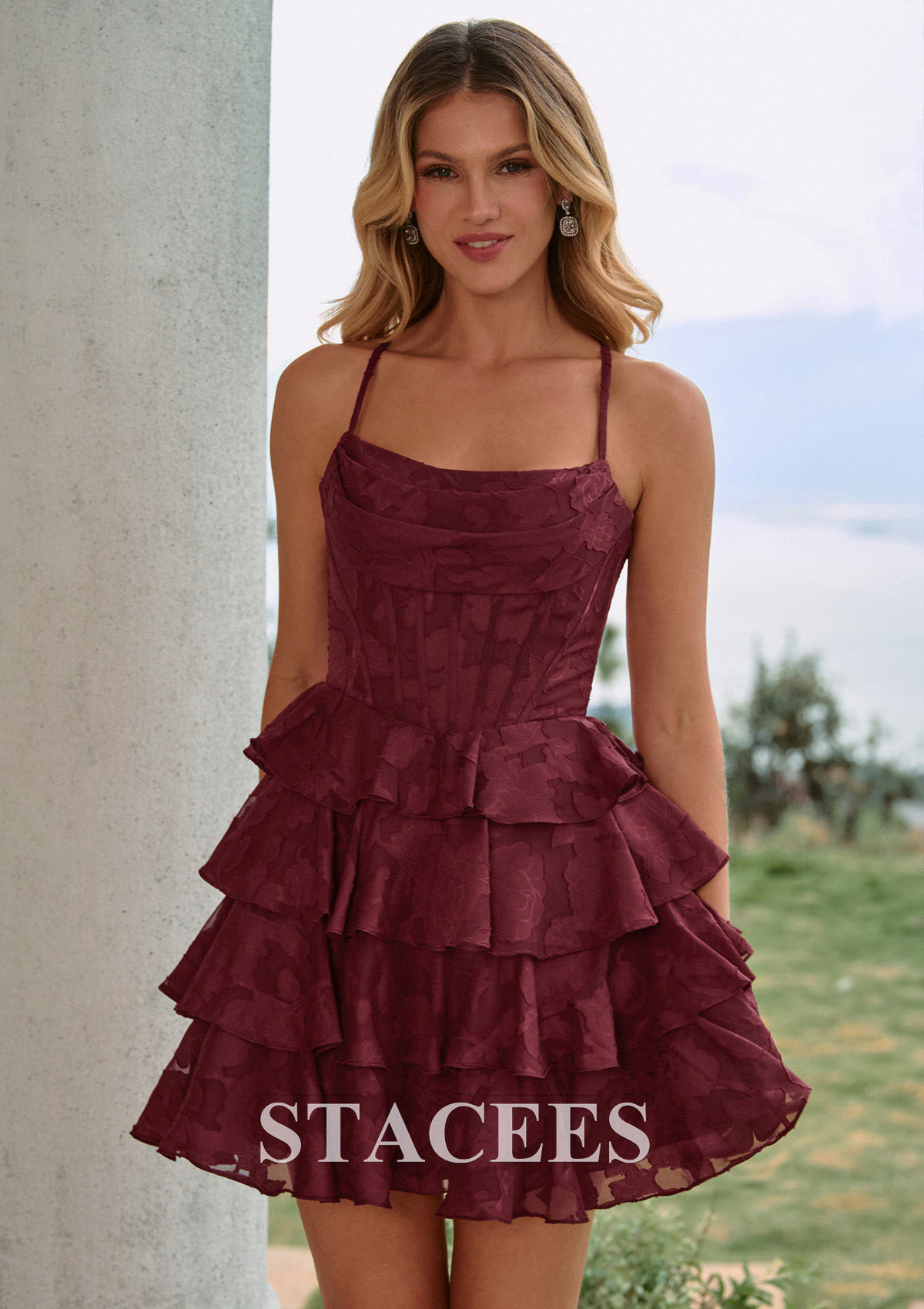 Burgundy A-line Cowl Neck Corset Jacquard Tiered Ruffle Mini Homecoming Dress - STACEES