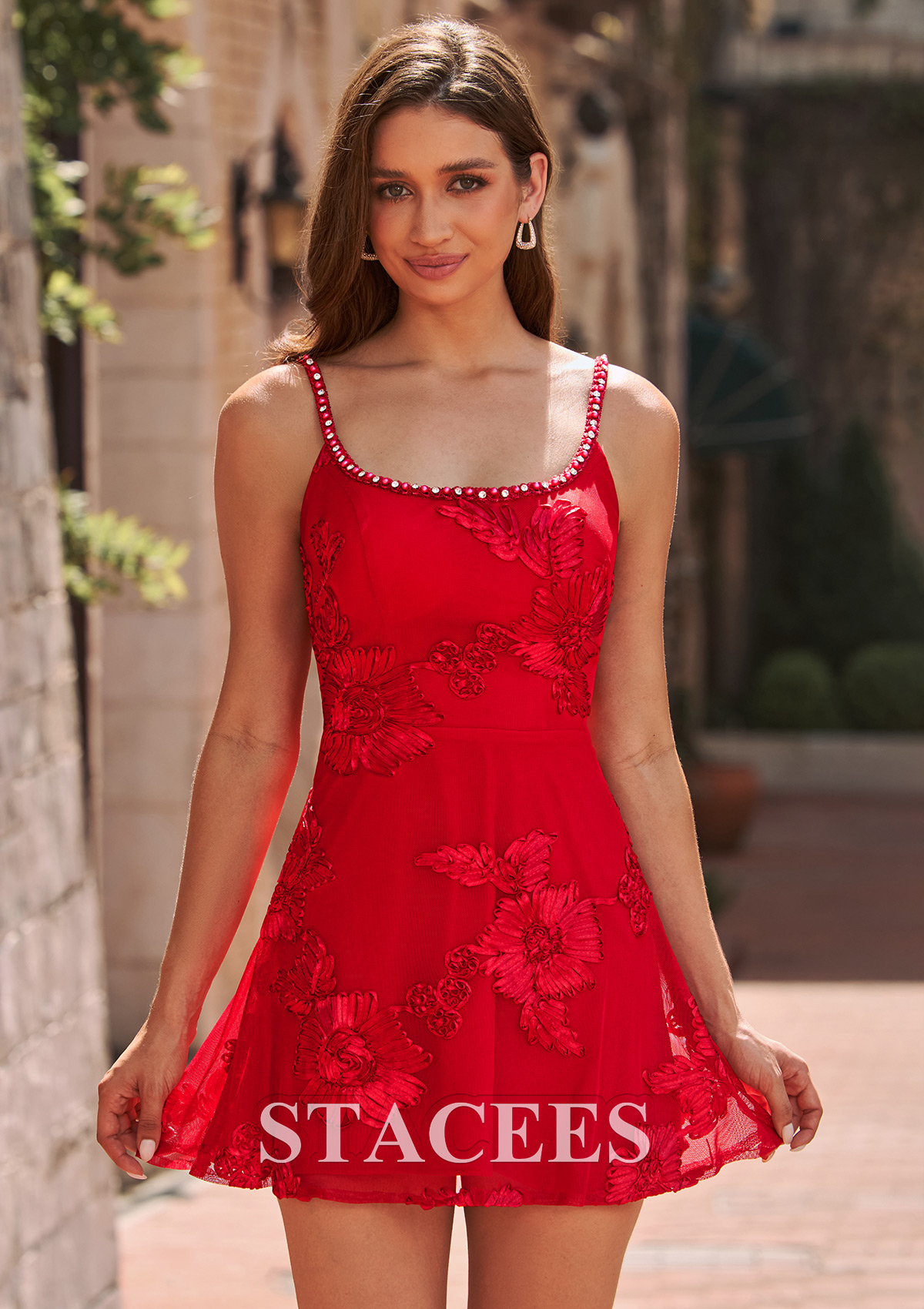 Red A-line Floral Jacquard Short Homecoming Dress with Beaded Spaghetti Straps - STACEES