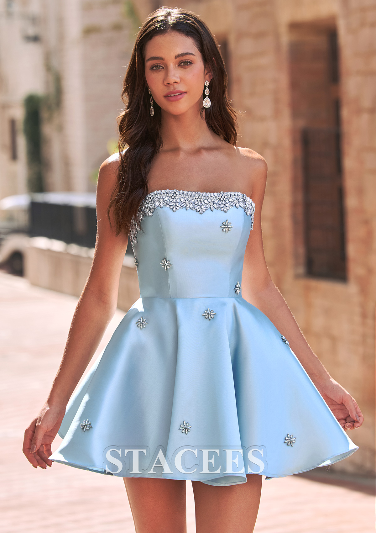 Light Blue A-line Square Neckline Strapless Beaded Satin Short Homecoming Dress - STACEES