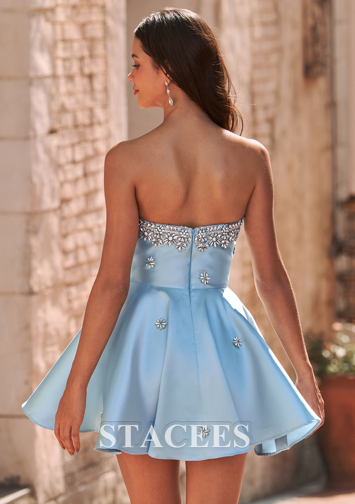 Light Blue A-line Square Neckline Strapless Beaded Satin Short Homecoming Dress - STACEES
