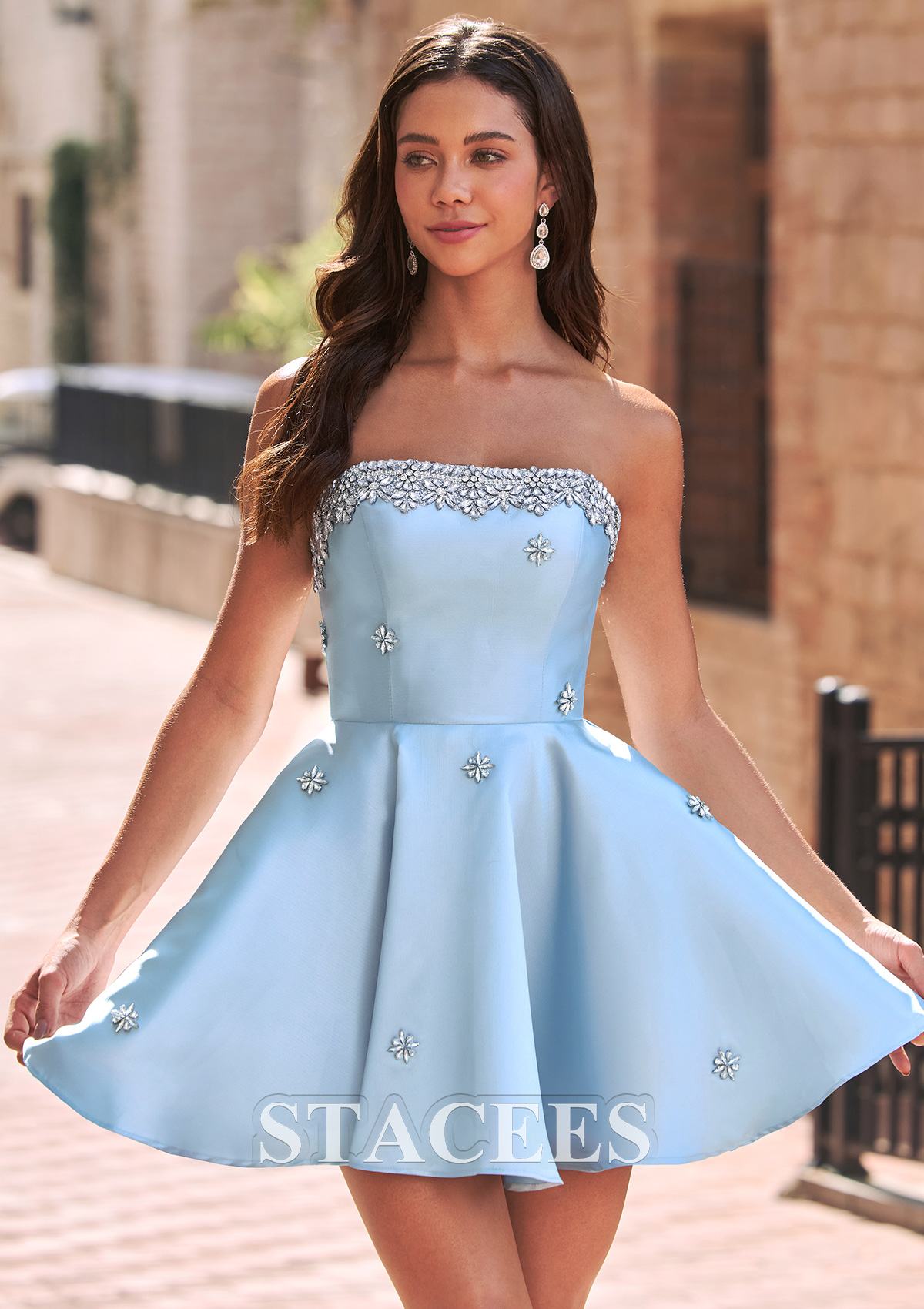 Light Blue A-line Square Neckline Strapless Beaded Satin Short Homecoming Dress - STACEES