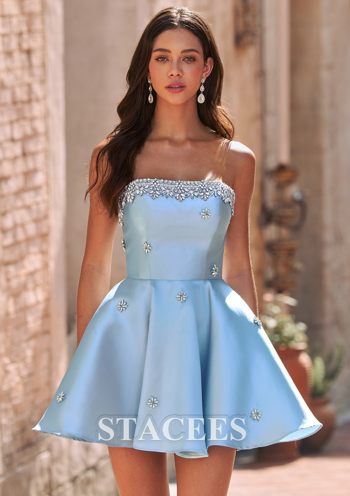 Light Blue A-line Square Neckline Strapless Beaded Satin Short Homecoming Dress - STACEES
