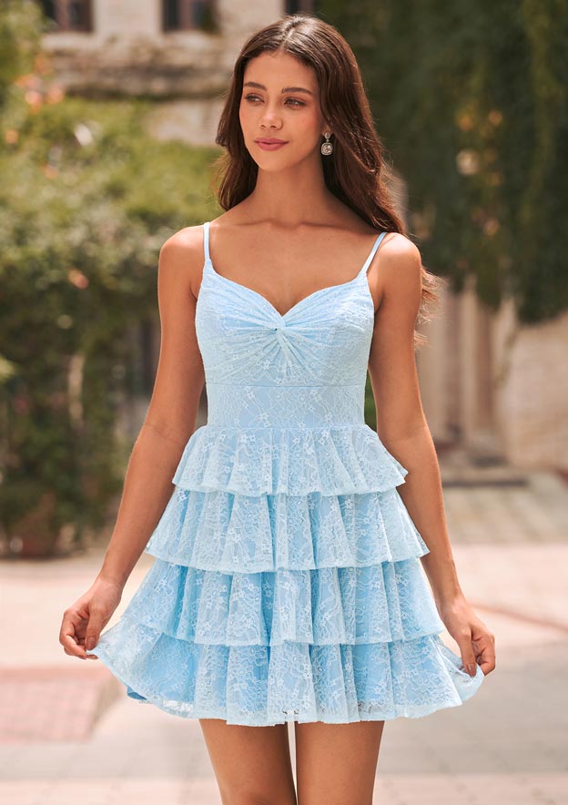 A-line Lace Ruched V NeckTiered Ruffle Mini Homecoming Dress