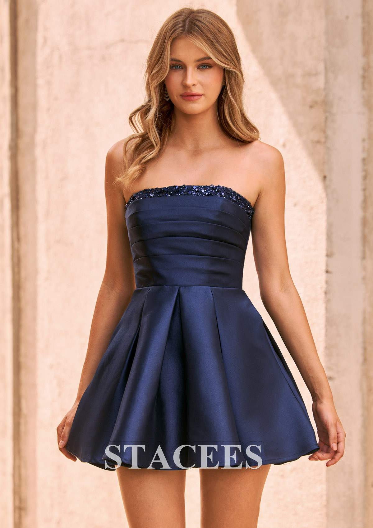 Dark Navy Strapless Beaded Mikado A-Line Short Homecoming Dress - STACEES