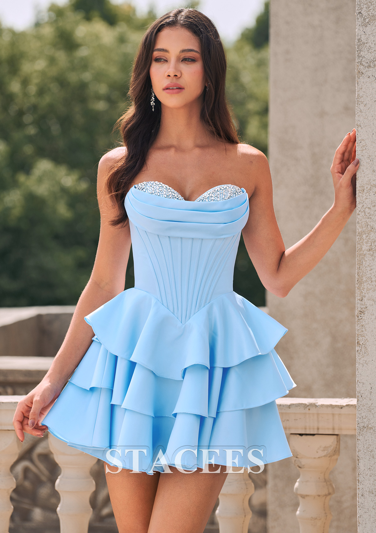 Sky Blue A-line Crystal Strapless Corset Satin Tiered Ruffle Homecoming Dress - STACEES