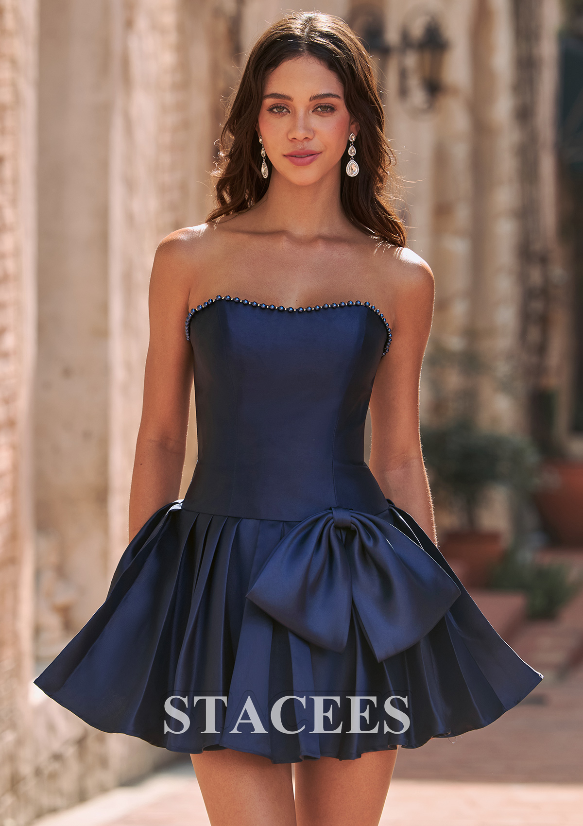 Dark Navy A-line Mikado Strapless Homecoming Dress with Beaded Sweetheart and Bow - STACEES