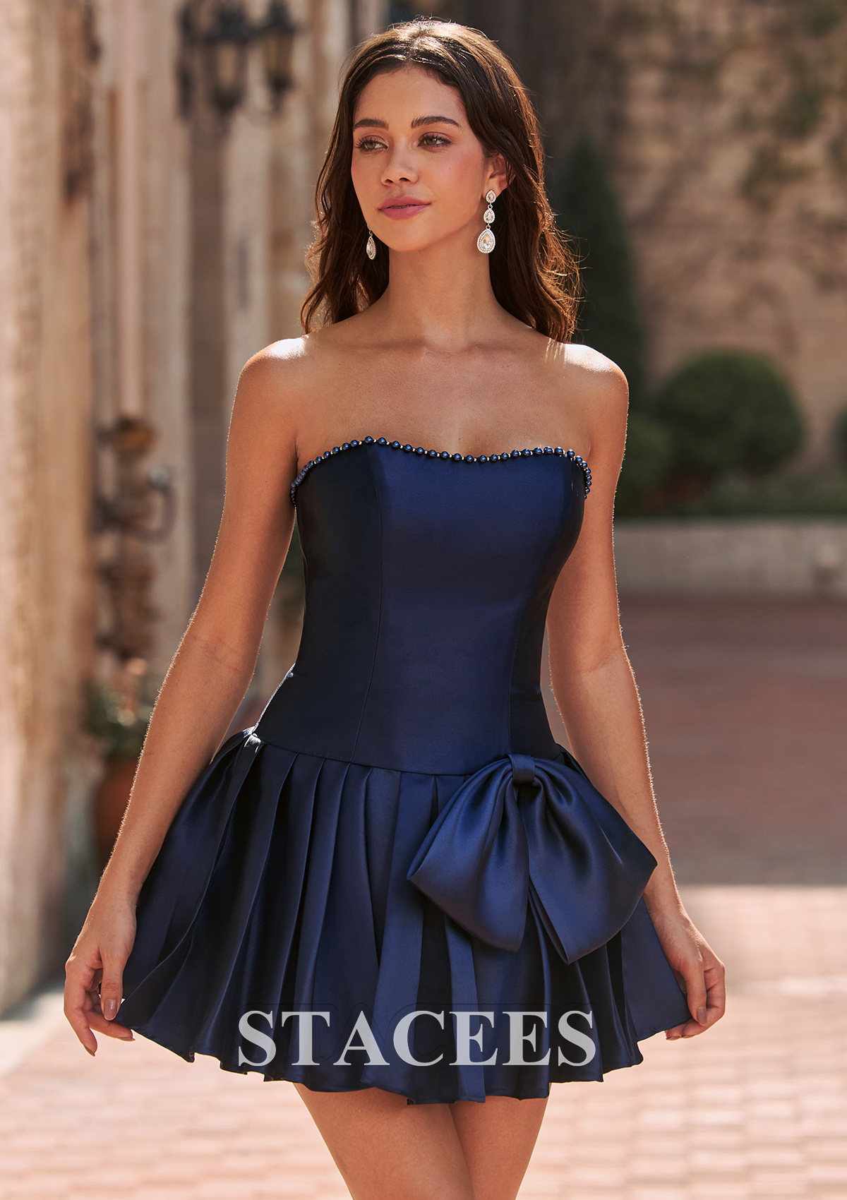 Dark Navy A-line Mikado Strapless Homecoming Dress with Beaded Sweetheart and Bow - STACEES