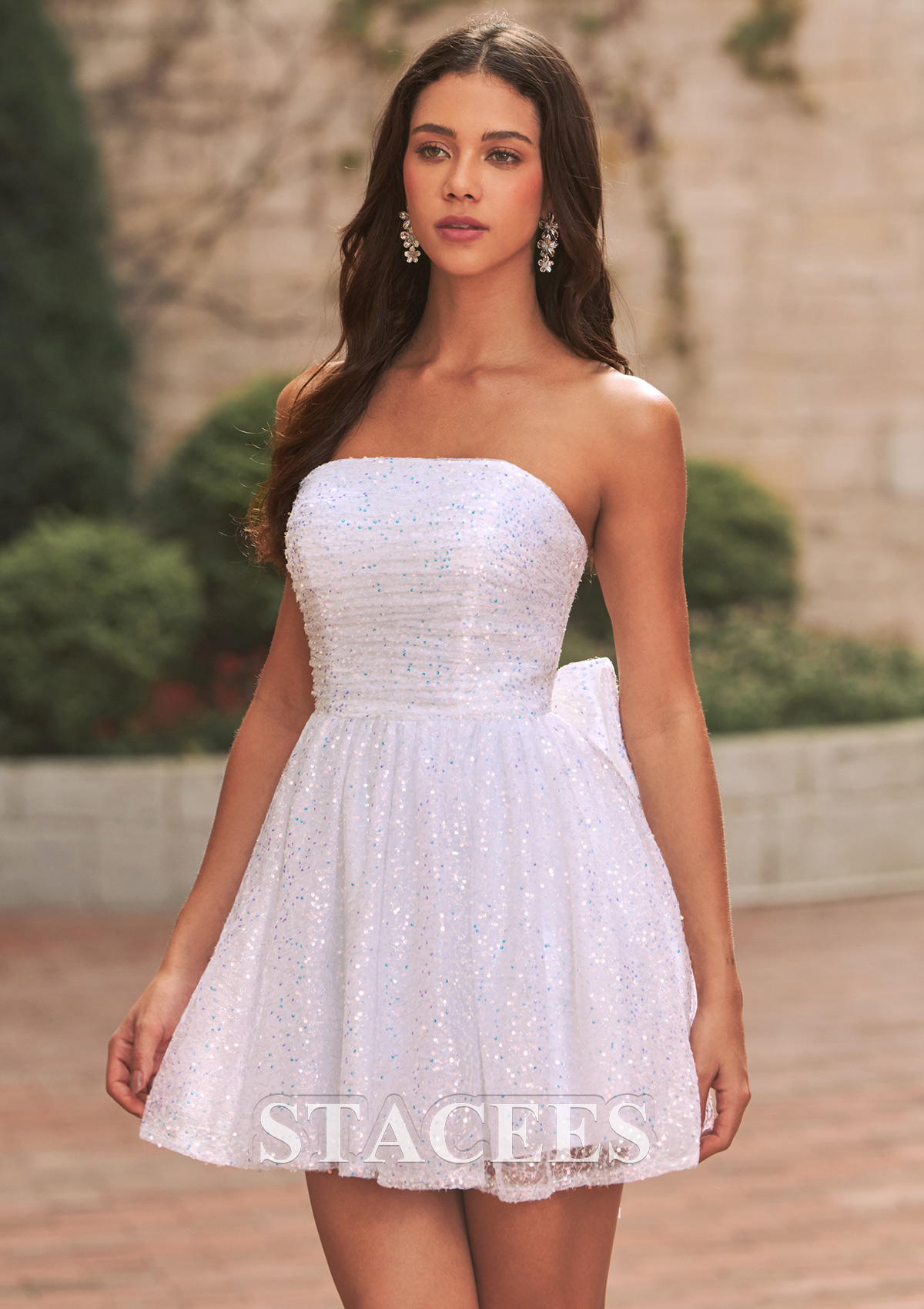 Ivory A-Line Sequin Strapless Homecoming Dress with Bow Back - STACEES