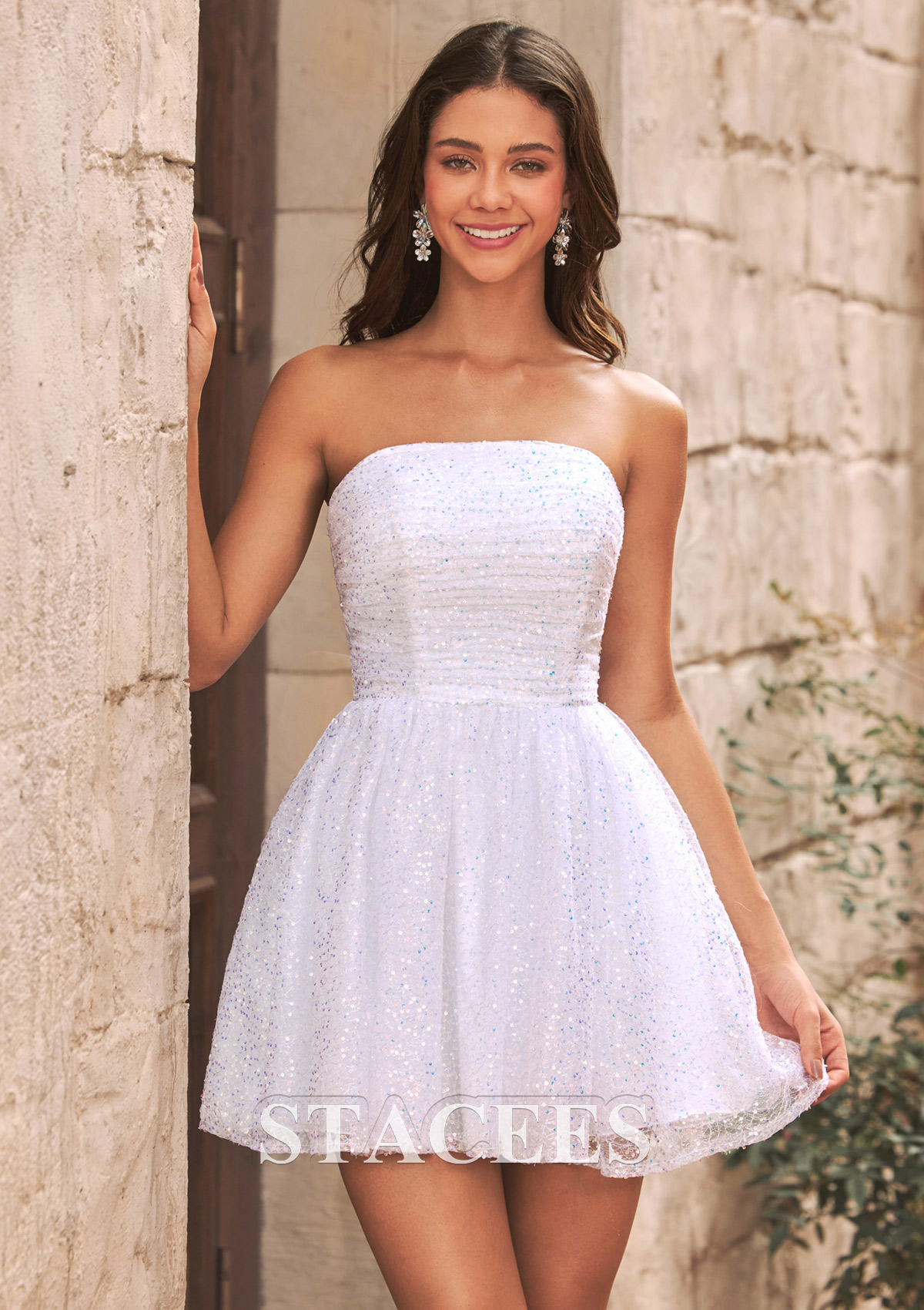 Ivory A-Line Sequin Strapless Homecoming Dress with Bow Back - STACEES