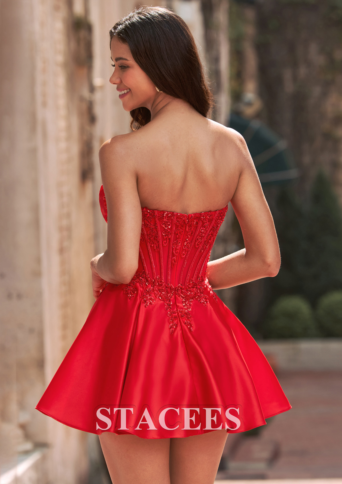 Red Strapless Beaded Lace Corset Satin A-Line Short Homecoming Dress - STACEES
