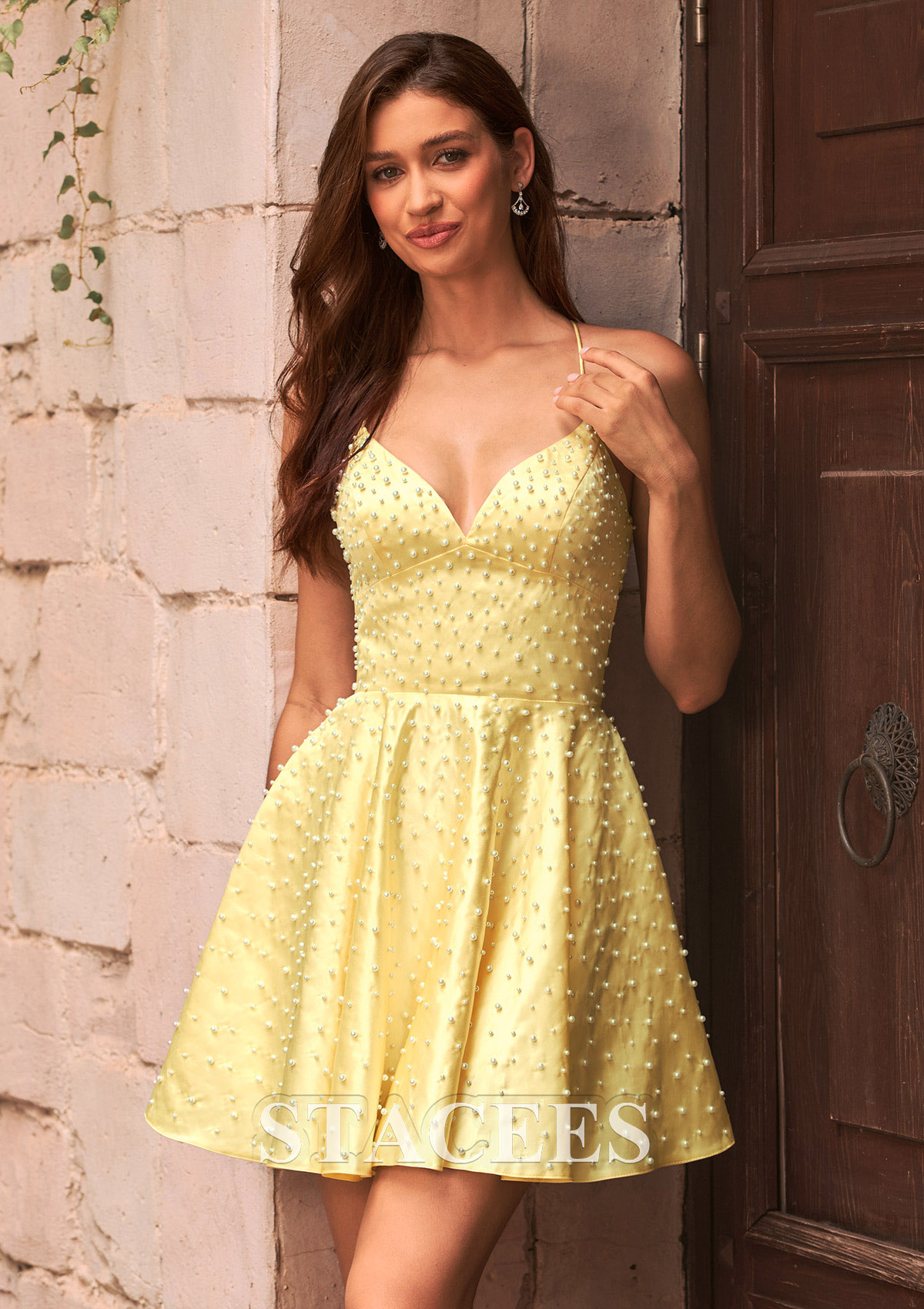 Yellow A-line V Neck Pearl Beaded Satin Spaghetti Strap Homecoming Dress - STACEES