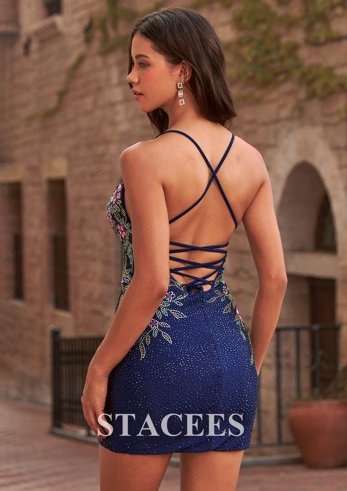 Navy Blue Bodycon Floral Hotfix Crystal Mini Homecoming Dress with Spaghetti Strap - STACEES
