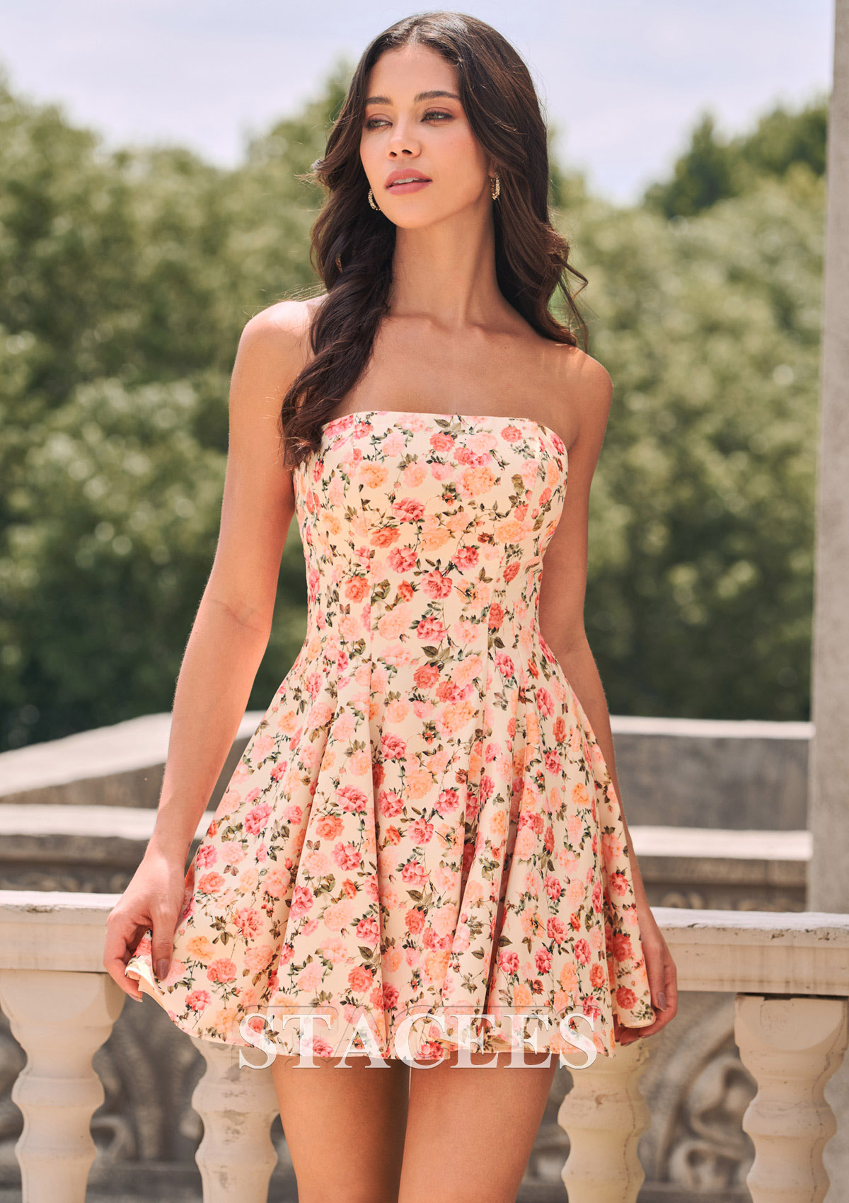 As picture Fitted Floral Print Strapless Flared A-Line Short Homecoming Dress - STACEES