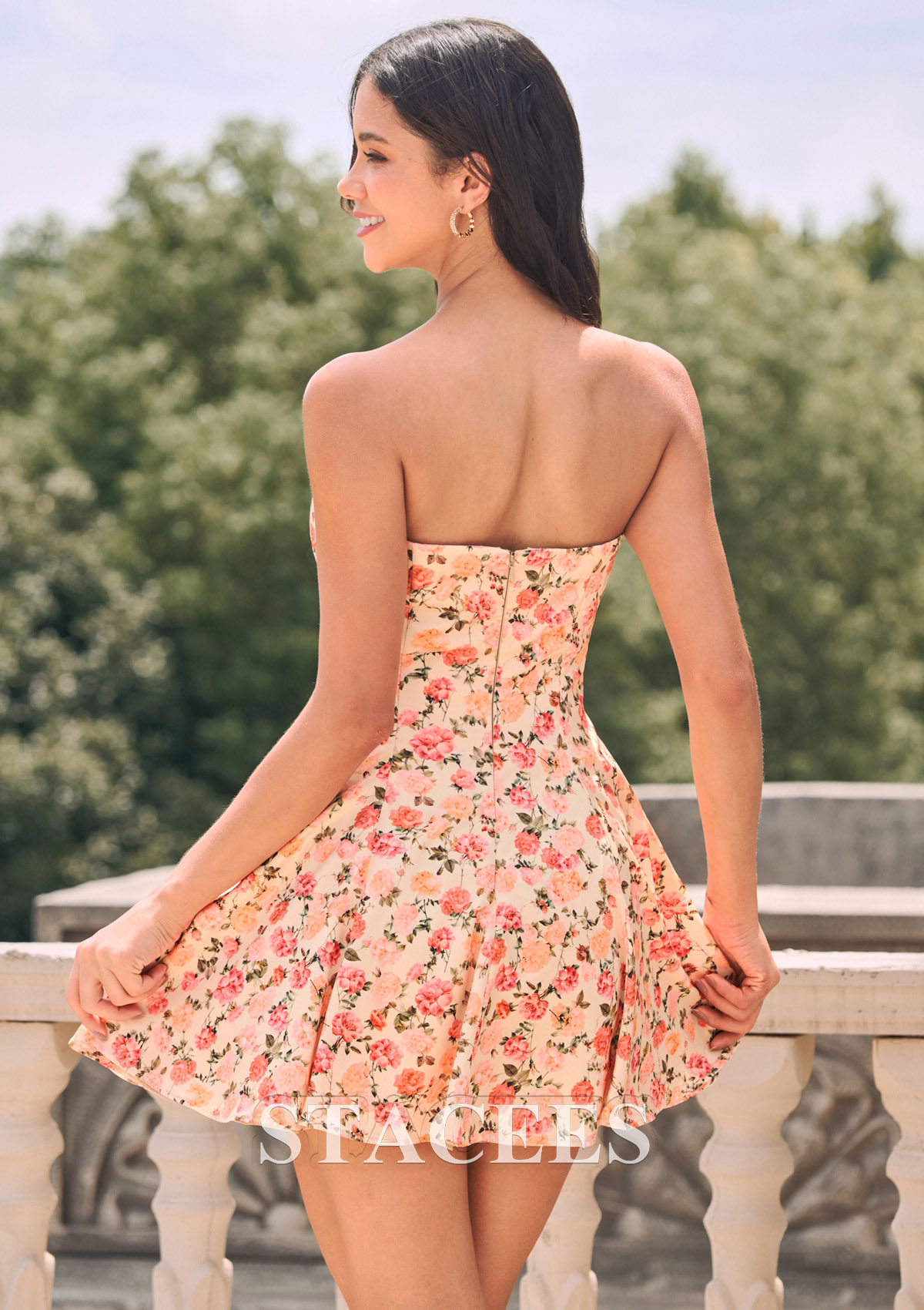 As picture Fitted Floral Print Strapless Flared A-Line Short Homecoming Dress - STACEES