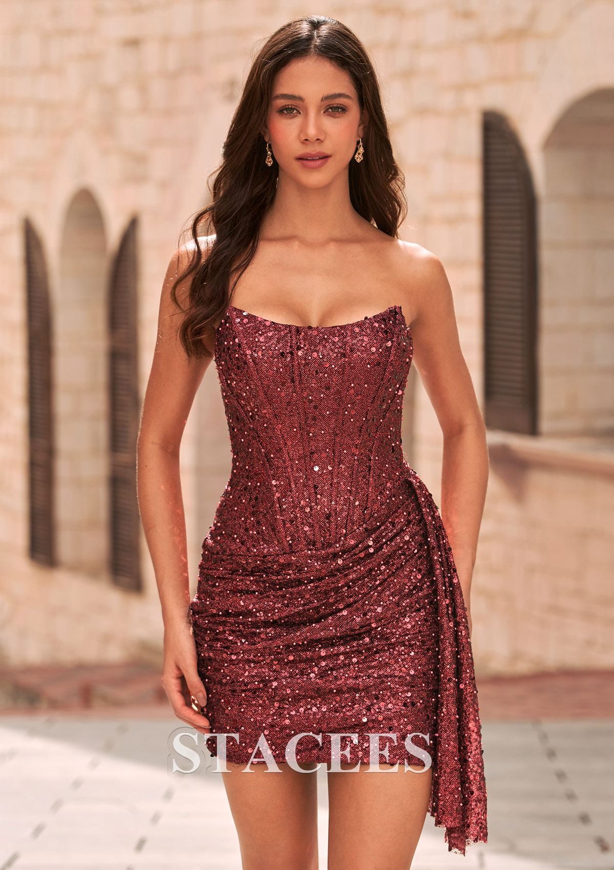 Burgundy Sequin Strapless Corset Mini Homecoming Dress with Side Ruffle - STACEES