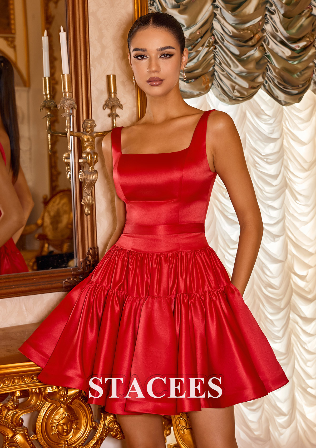 Red A-line Square Neckline Short Satin Homecoming Dress with Ruffle Waistband - STACEES