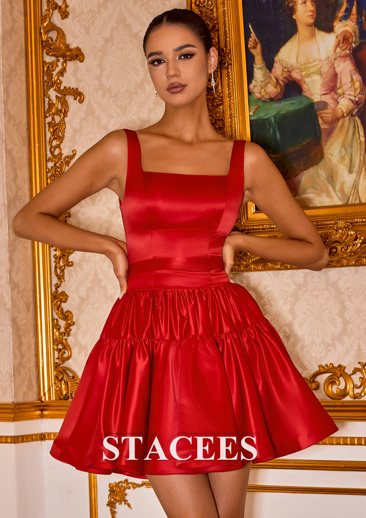 Red A-line Square Neckline Short Satin Homecoming Dress with Ruffle Waistband - STACEES