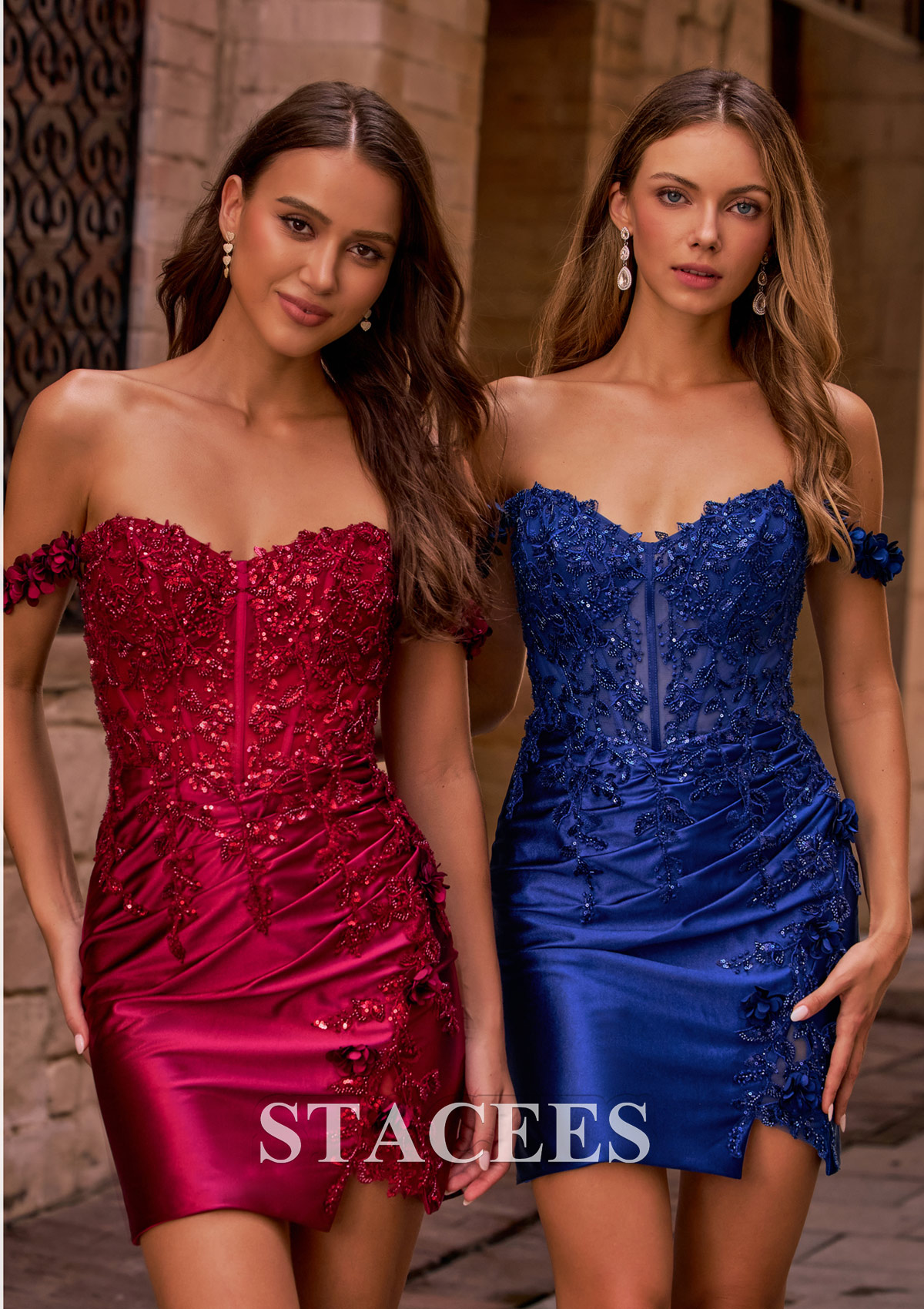 Navy Blue Fitted Off-the-Shoulder Floral Applique Ruched Homecoming Dress with Slit - STACEES