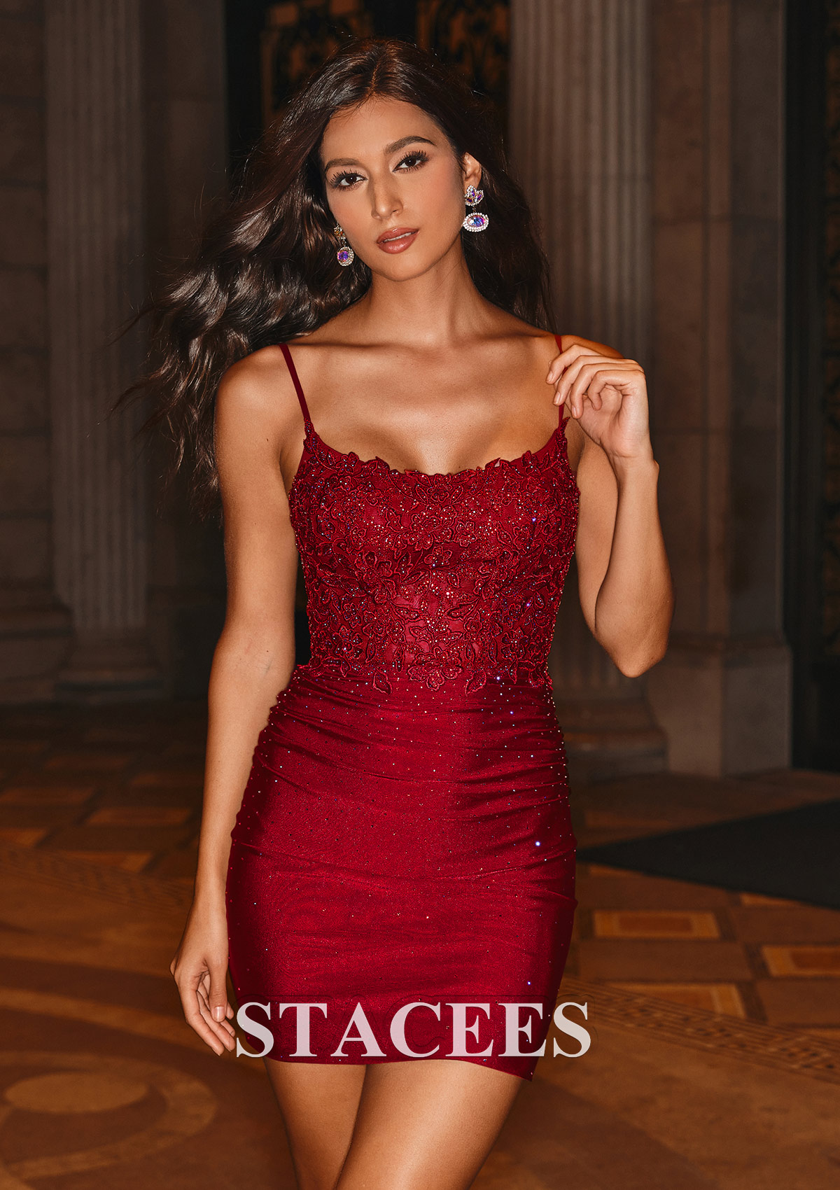 Burgundy Sparkle Lace Sequin Bodycon Homecoming Dress with Spaghetti Straps - STACEES