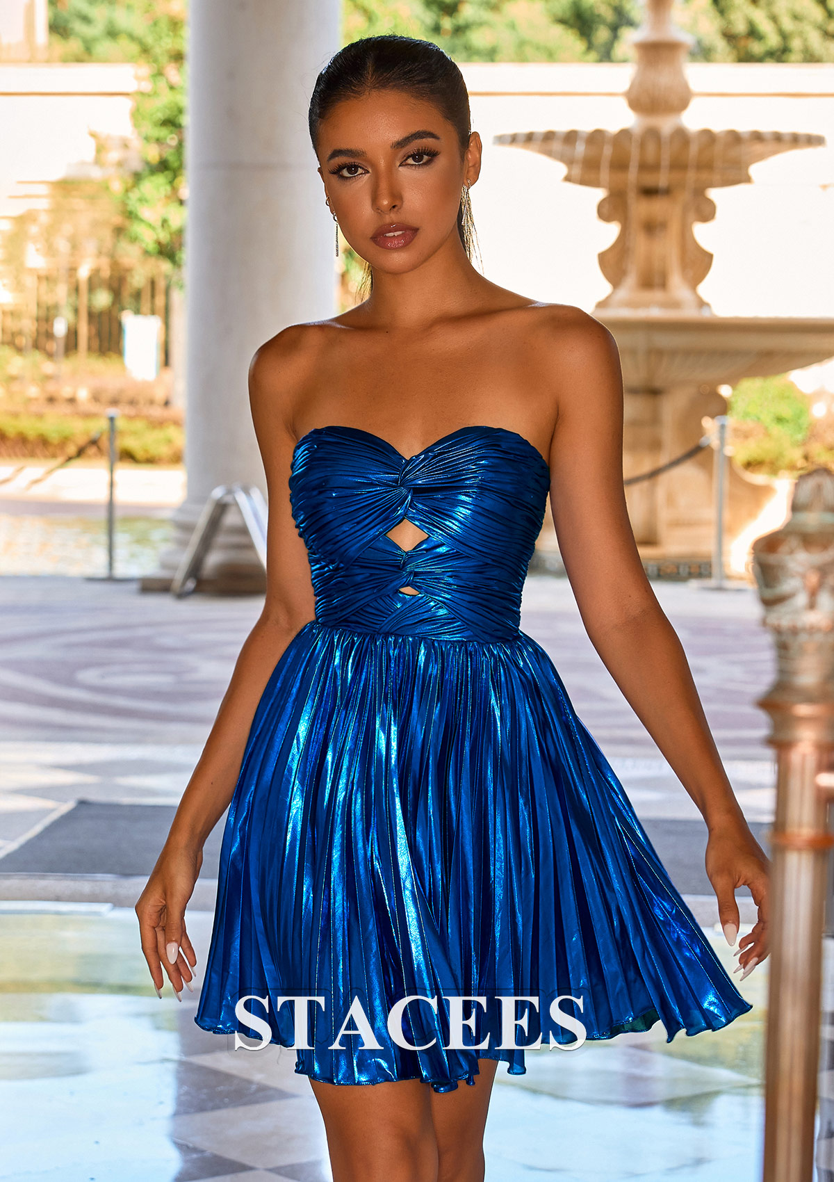 Ocean Blue A-line Strapless Ruched Metallic Short Homecoming Dress with Cut Out - STACEES