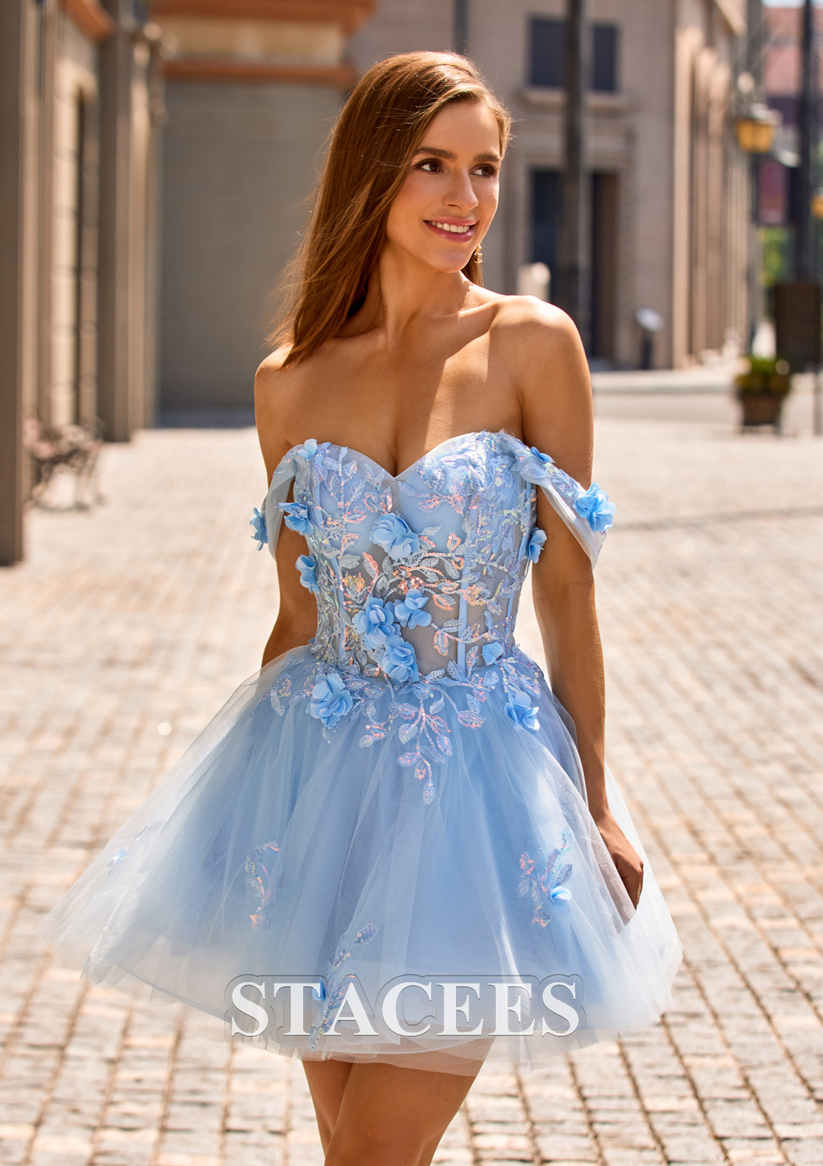 Bleu Ciel Robe trapèze épaule dénudée tulle courte/mini robe de fête de la rentrée - STACEES