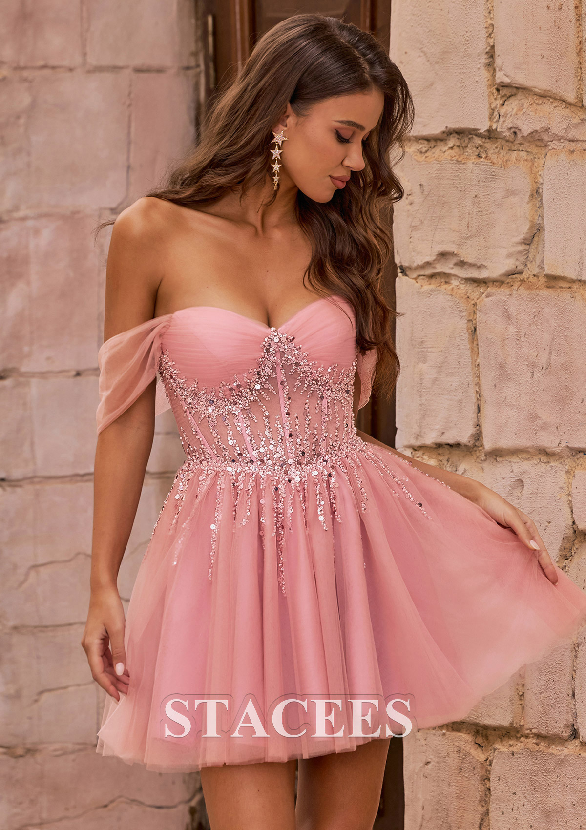 Rosa Empolvado Vestido línea a hombros descubiertos tul corto vestido para homecoming con lentejuelas - STACEES
