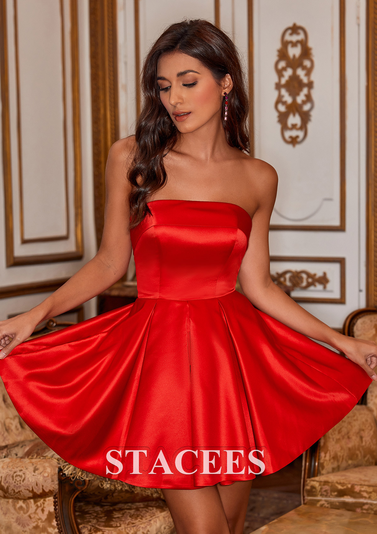 Rojo Vestido línea a cuello cuadrado satén corto/mini vestido para homecoming - STACEES