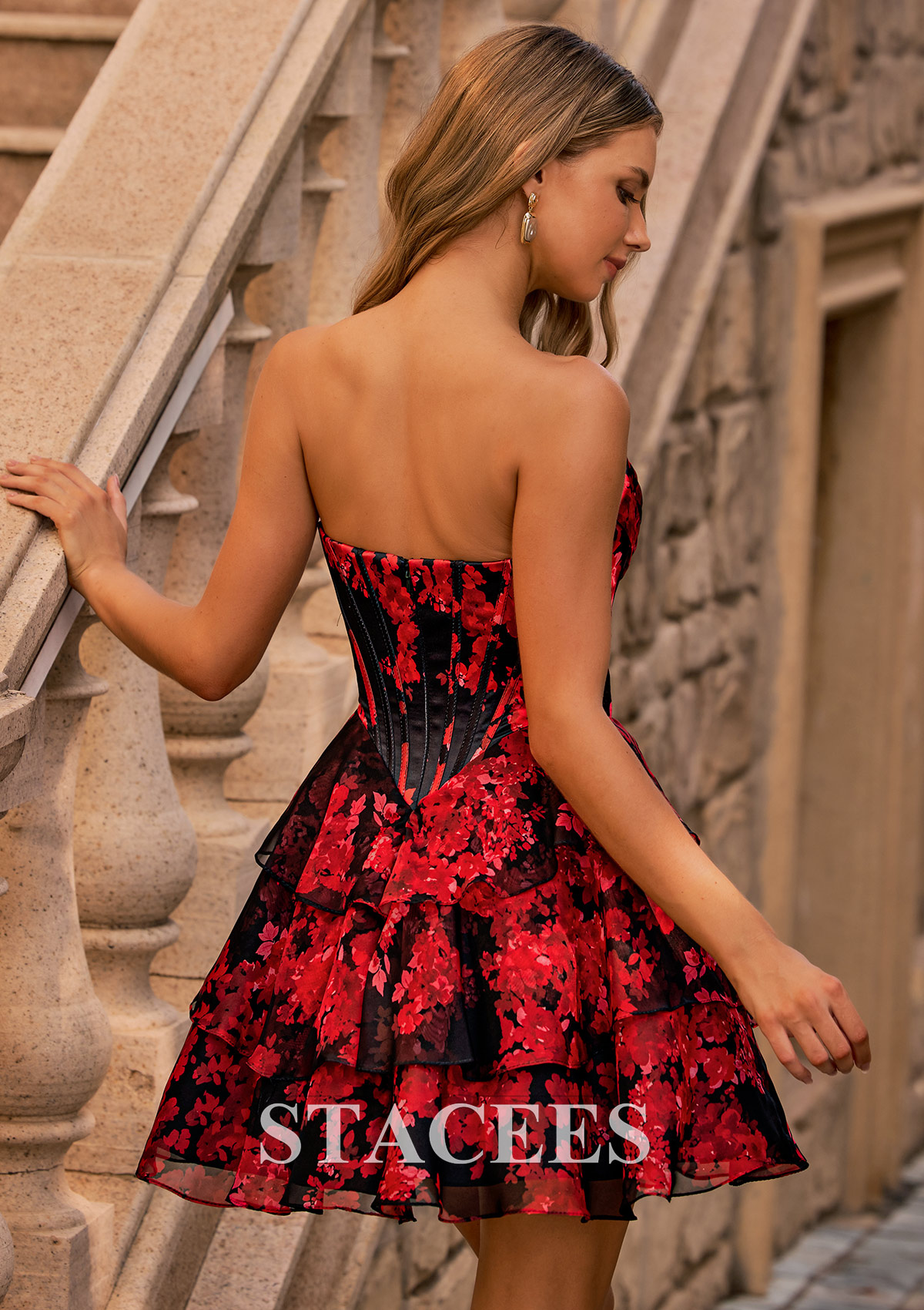 Floral Rojo Vestido línea a cuello de corazón gasa corto vestido para homecoming - STACEES