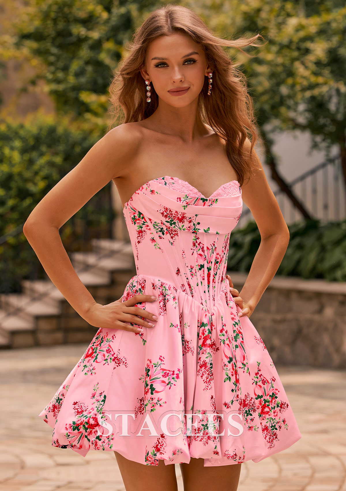 Blushing Pink Floral A-line Strapless Corset Floral Print Satin Bubble Homecoming Dress - STACEES
