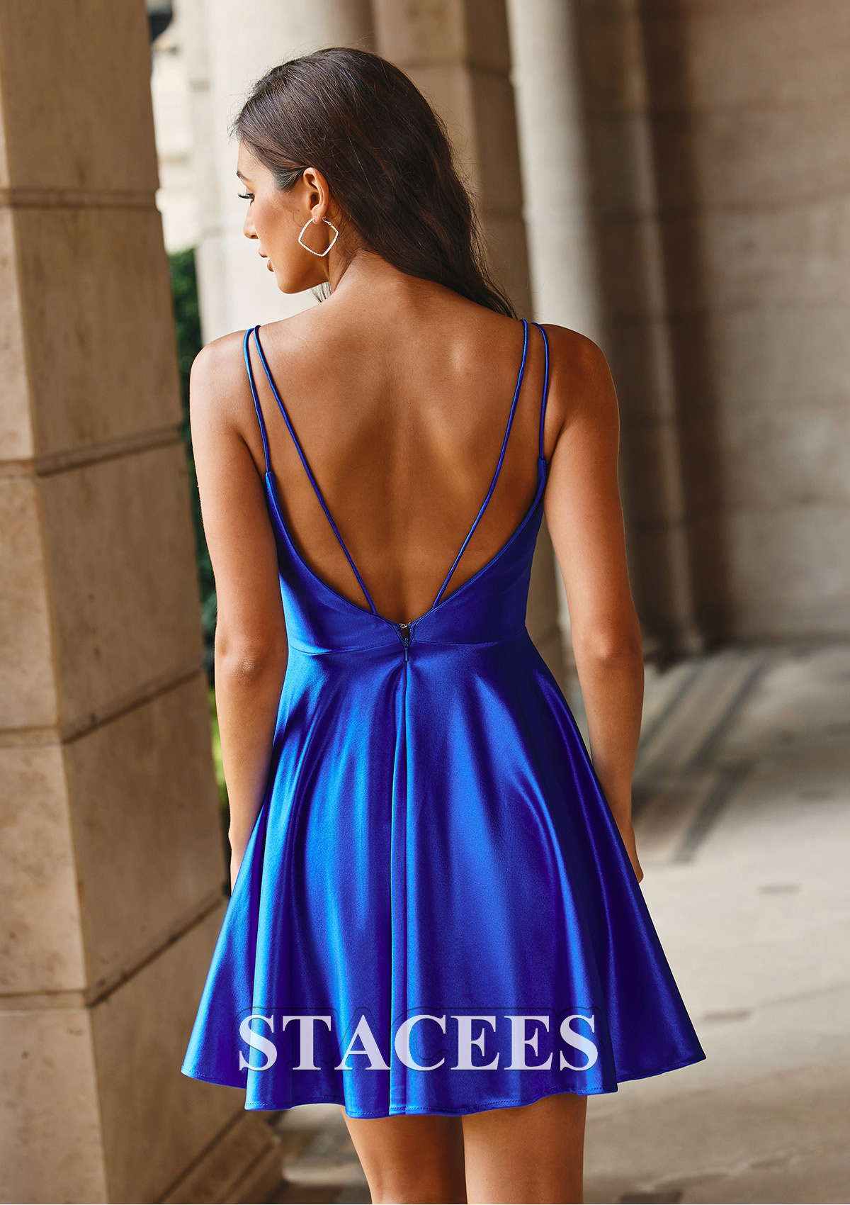 Bleu Royal Robe trapèze col en v soie comme du satin courte/mini robe de fête de la rentrée  - STACEES