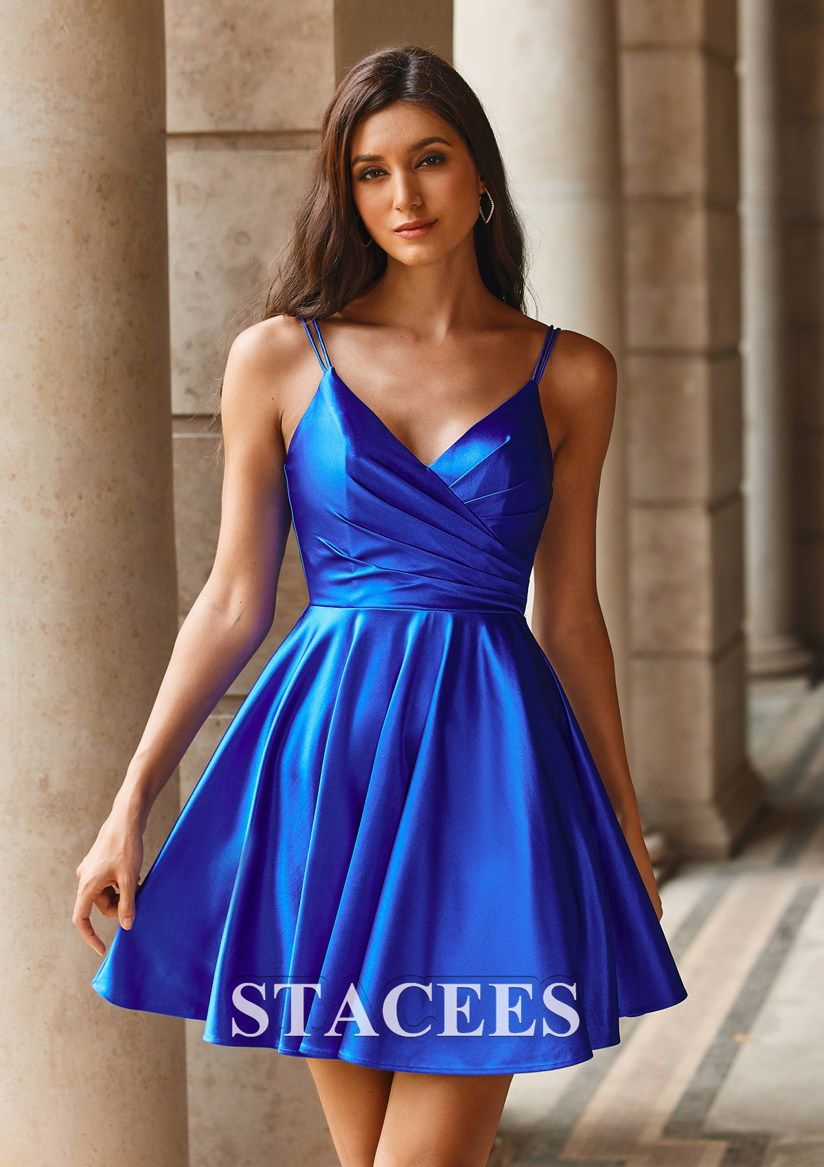 Bleu Royal Robe trapèze col en v soie comme du satin courte/mini robe de fête de la rentrée  - STACEES