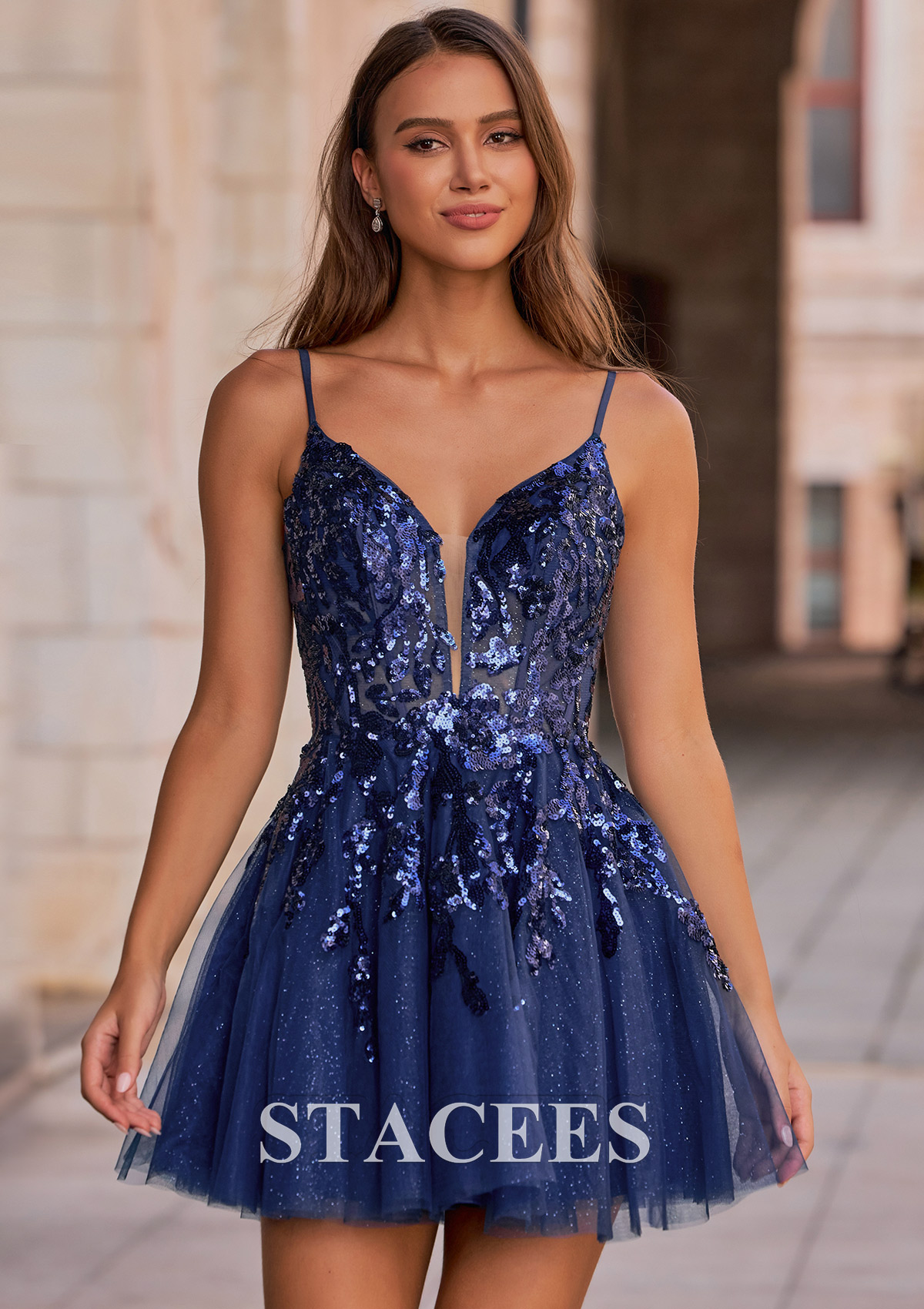 Dark Navy A-line Plugging V Neck Glitter Homecoming Dress with Sequins Sheer Corset - STACEES