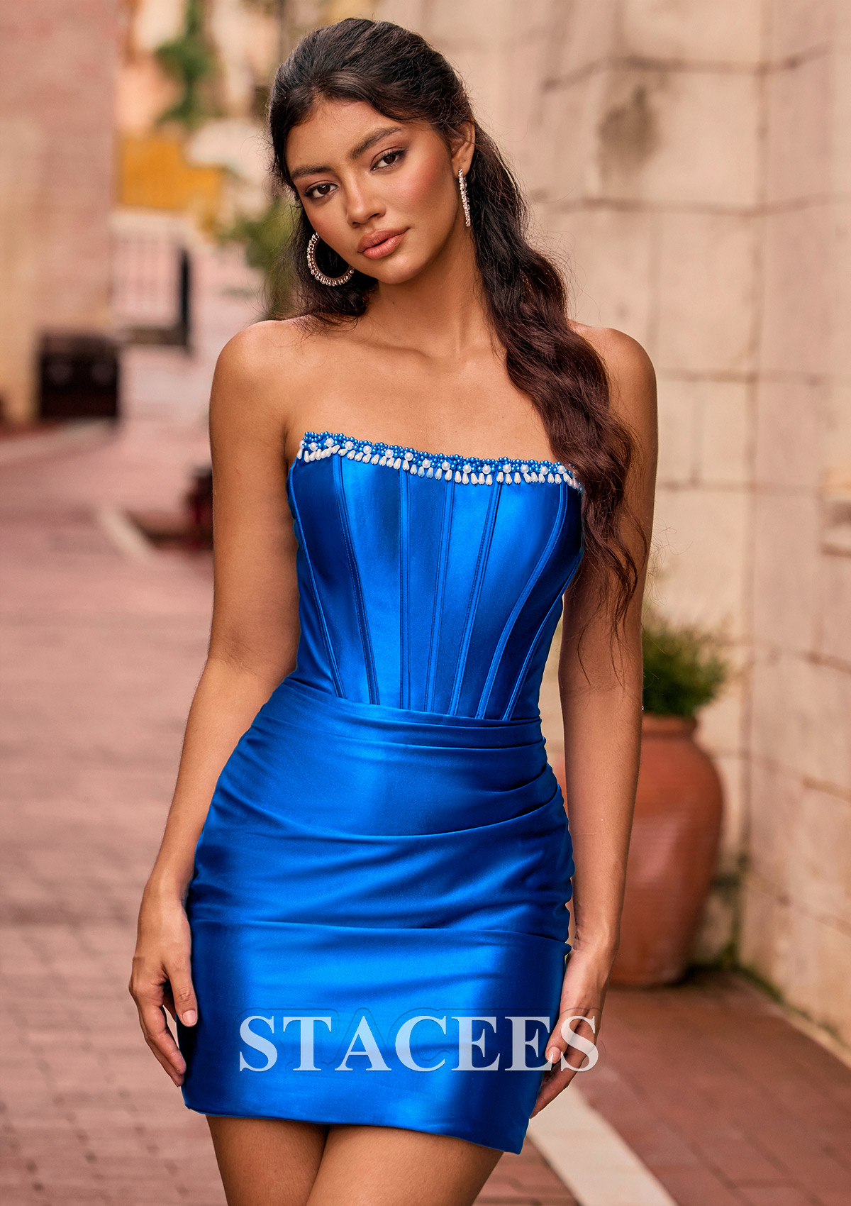Azul Real Tubo cuello cuadrado seda como el satén corto vestido para homecoming - STACEES