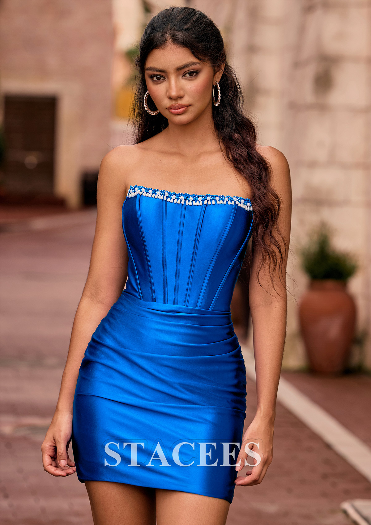 Azul Real Tubo cuello cuadrado seda como el satén corto vestido para homecoming - STACEES