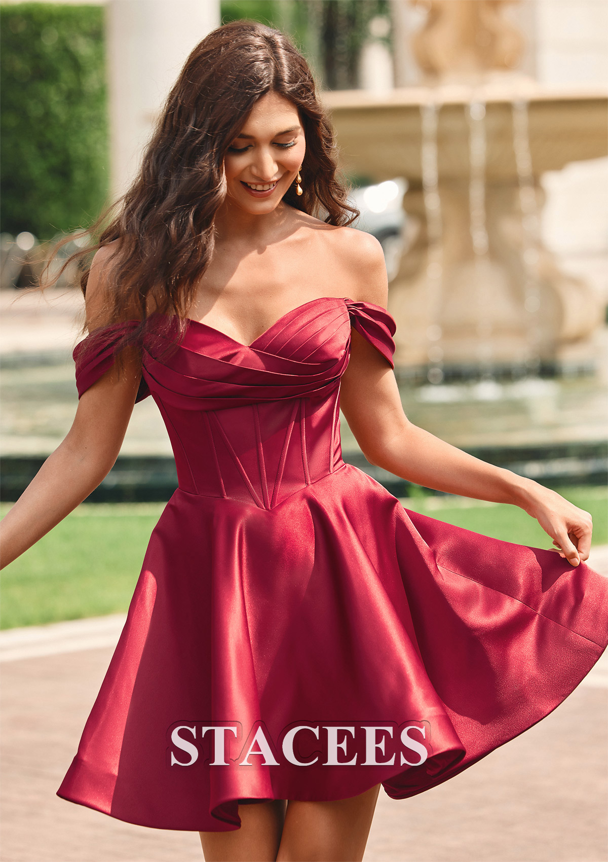 Bordeaux Robe trapèze Robe Marquise épaule dénudée satin courte/mini robe de fête de la rentrée  - STACEES