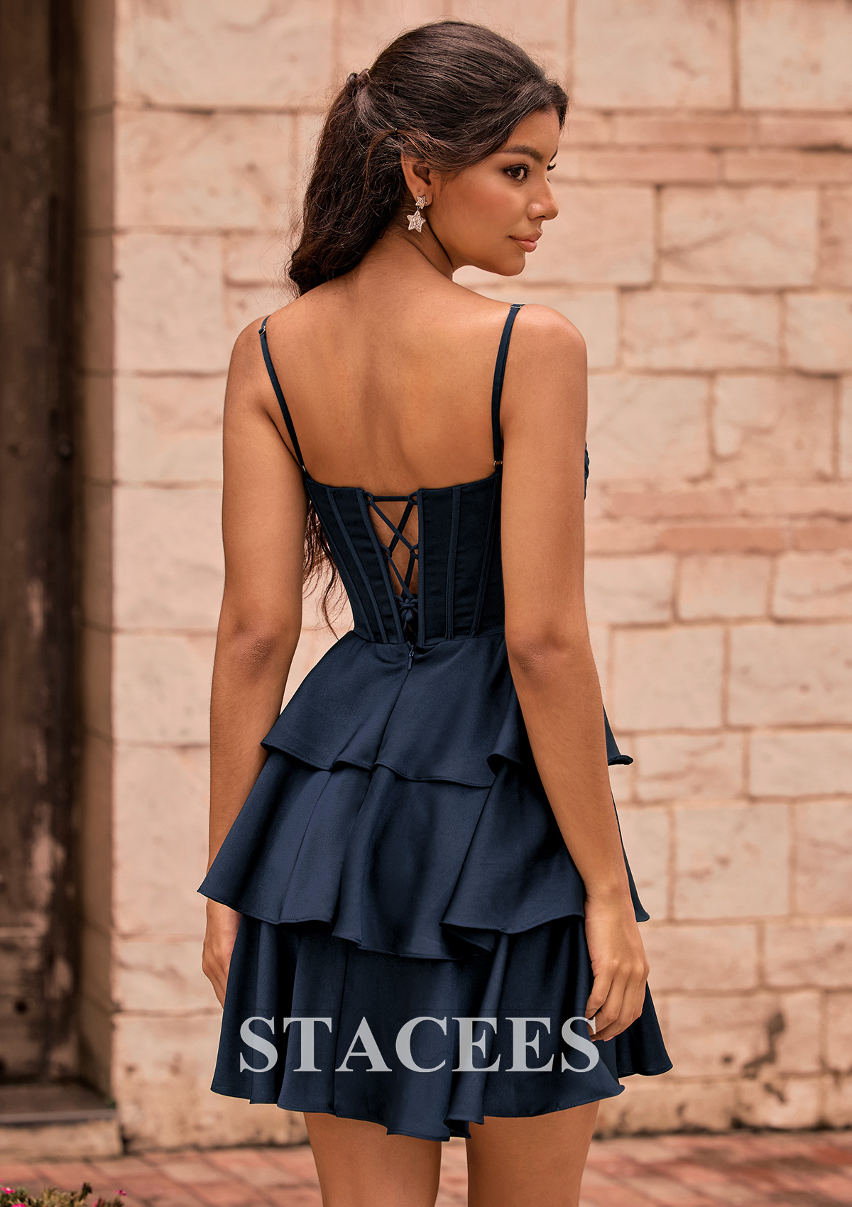 Bleu marine foncé Robe trapèze col bénitier satin extensible courte/mini robe de fête de la rentrée avec perles volants - STACEES