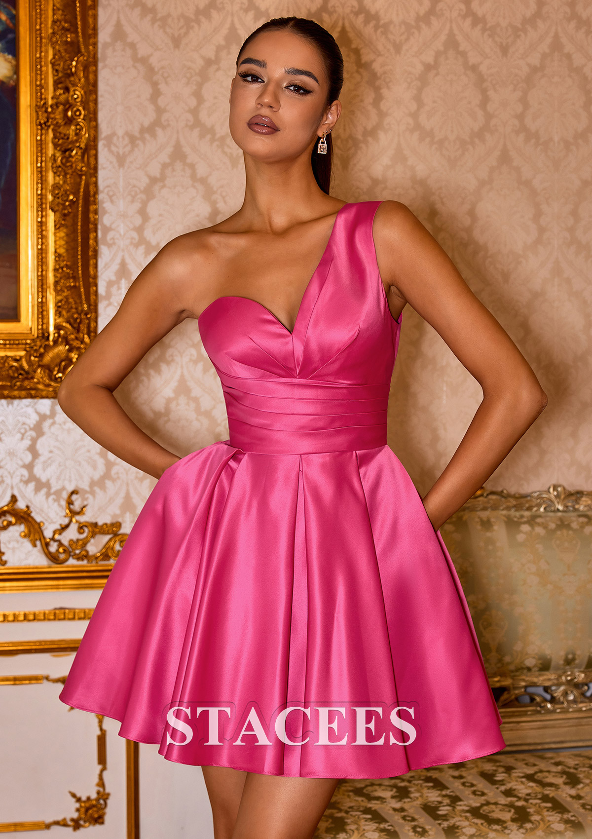 Rose Vif Robe trapèze une épaule satin courte/mini robe de fête de la rentrée  - STACEES